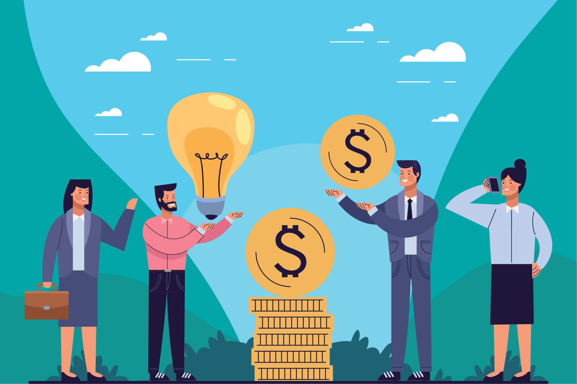 business people with bulb and coins Free Vector