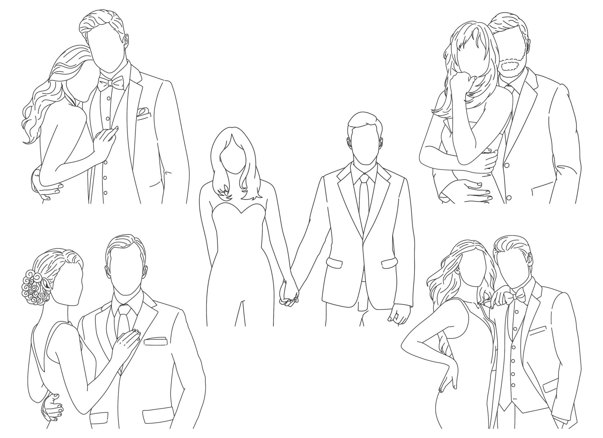 detailed line art bundle of various poses of lovers Free Vector