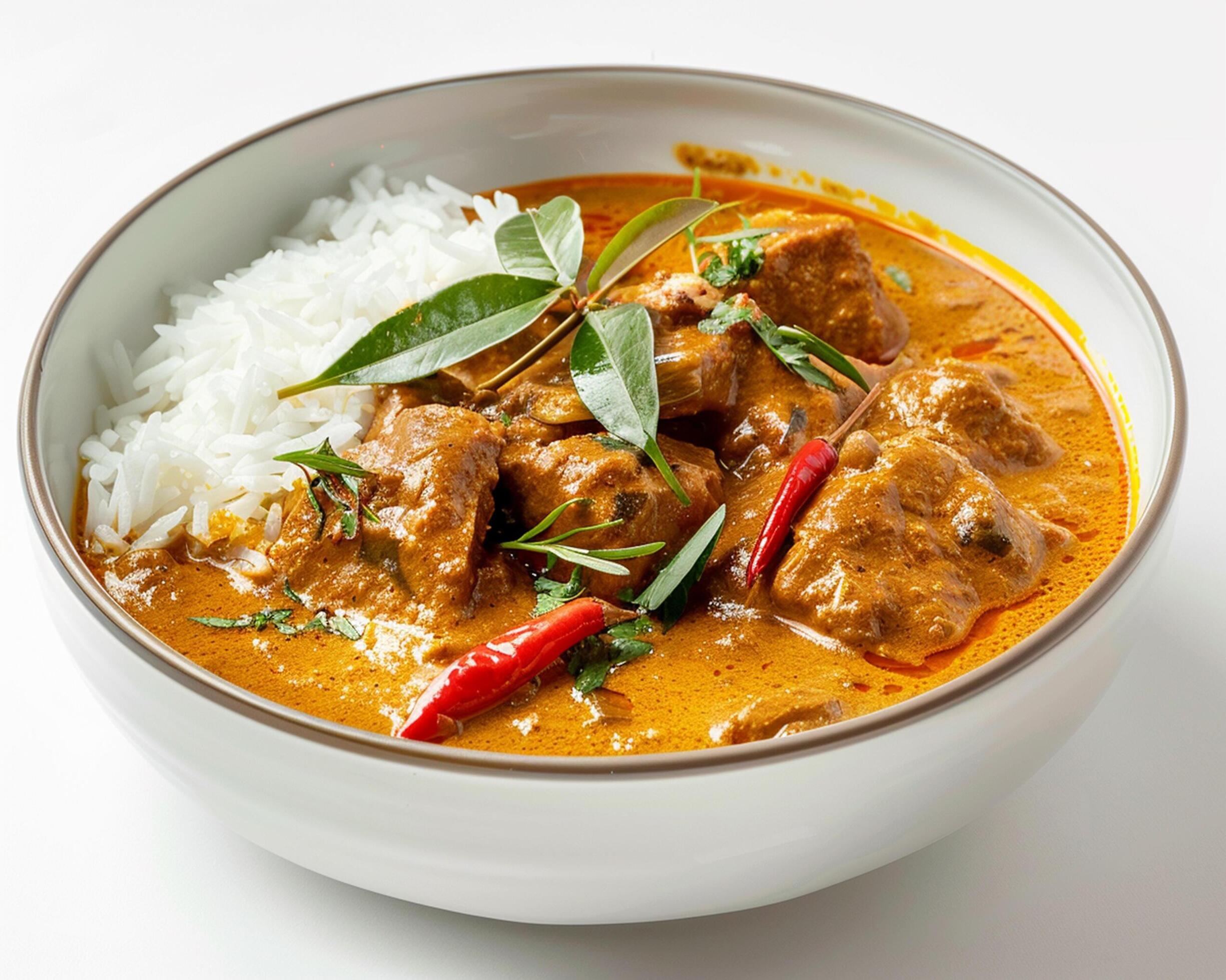 a bowl of curry with rice and spices Stock Free