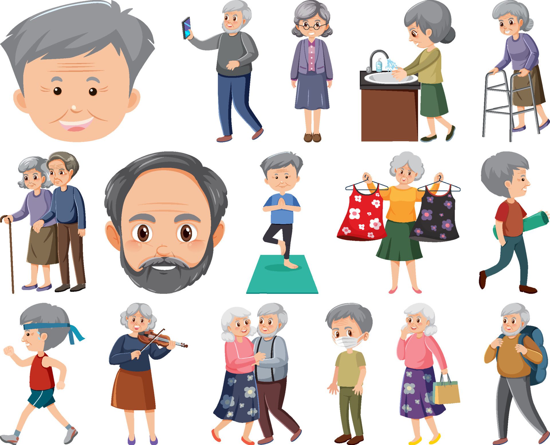 Collection of elderly people icons Free Vector