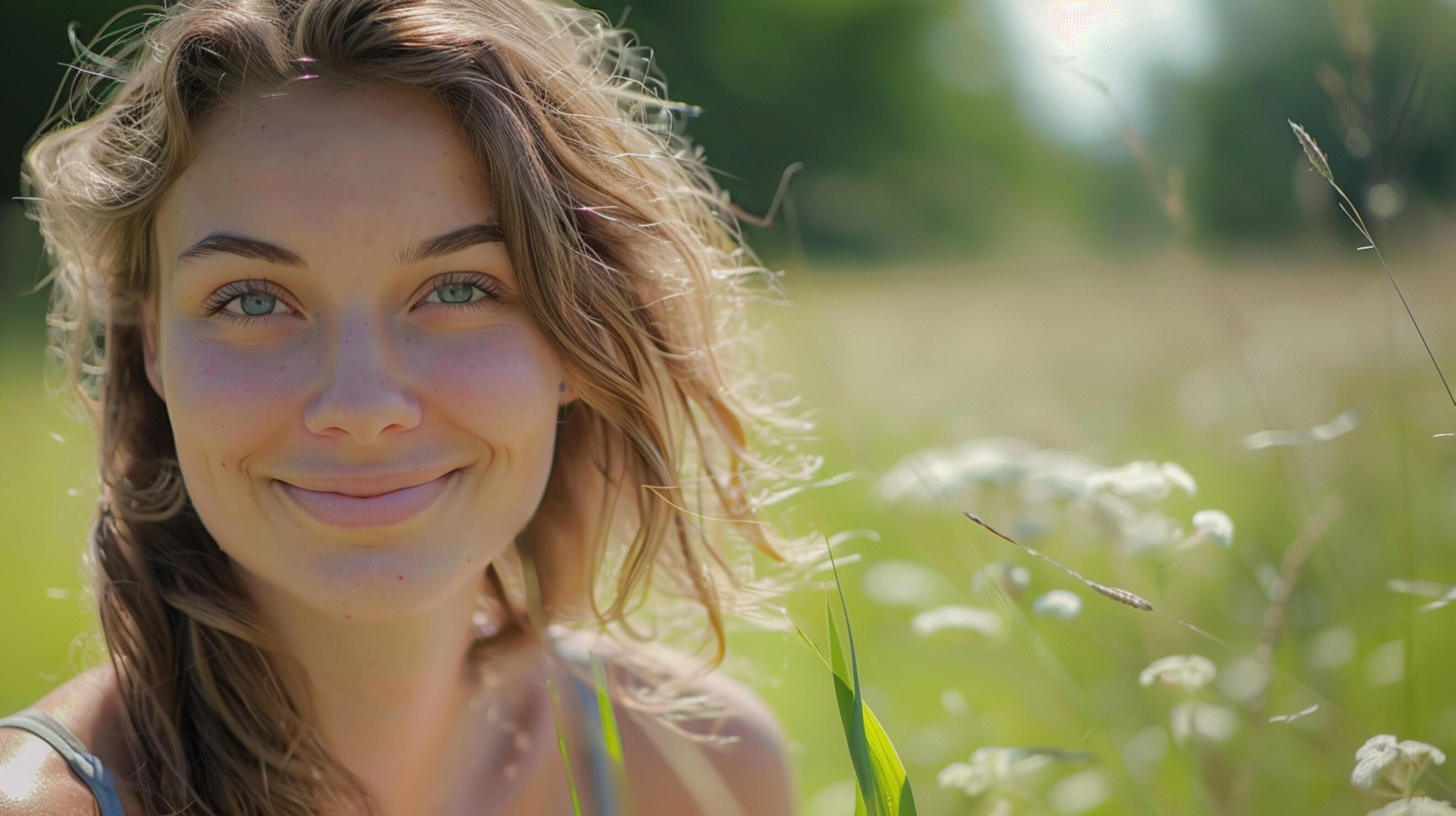 young woman outdoors looking at camera smiling Stock Free