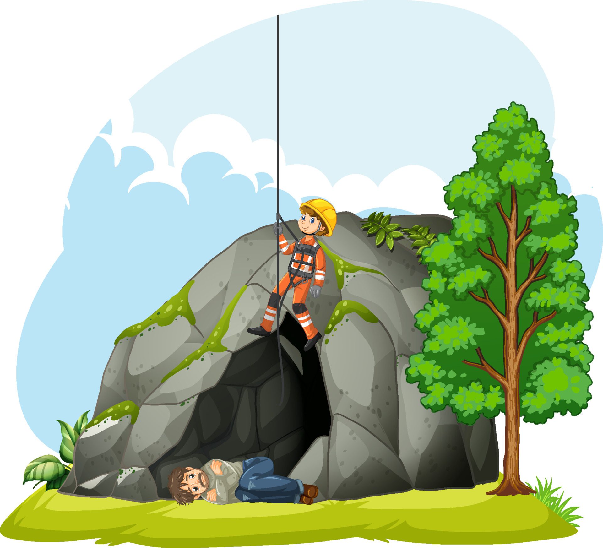 Emergency rescue team help people cartoon style in forest Free Vector