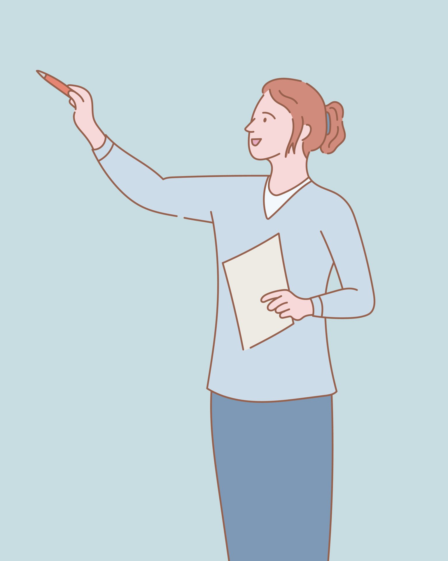 woman teaching something with book on hand with outline or line and clean simple people style Free Vector