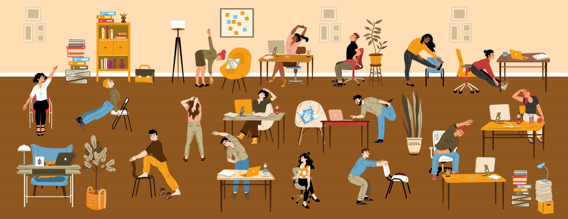 People doing stretching exercises in office Free Vector