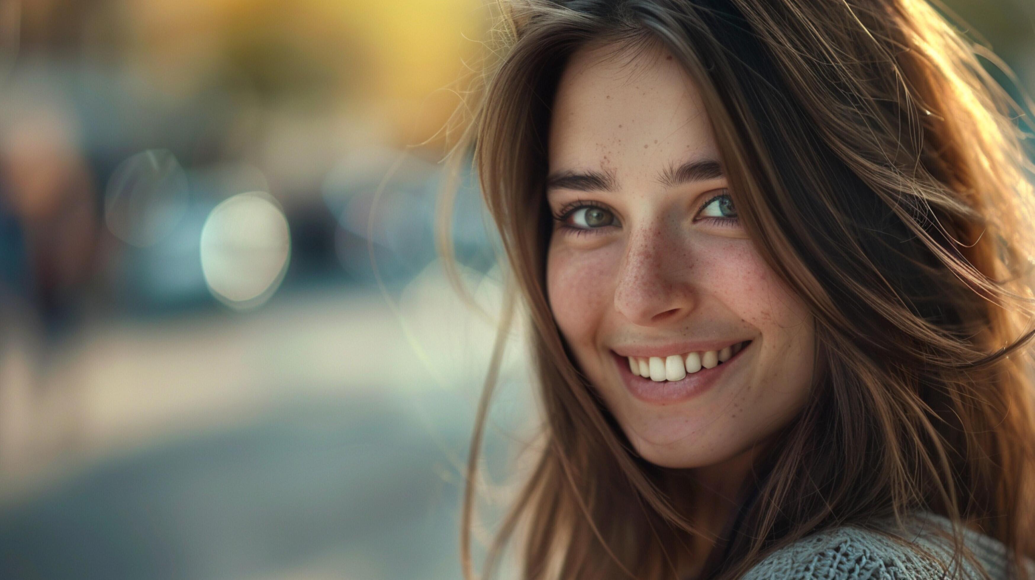 young woman with long brown hair smiling Stock Free