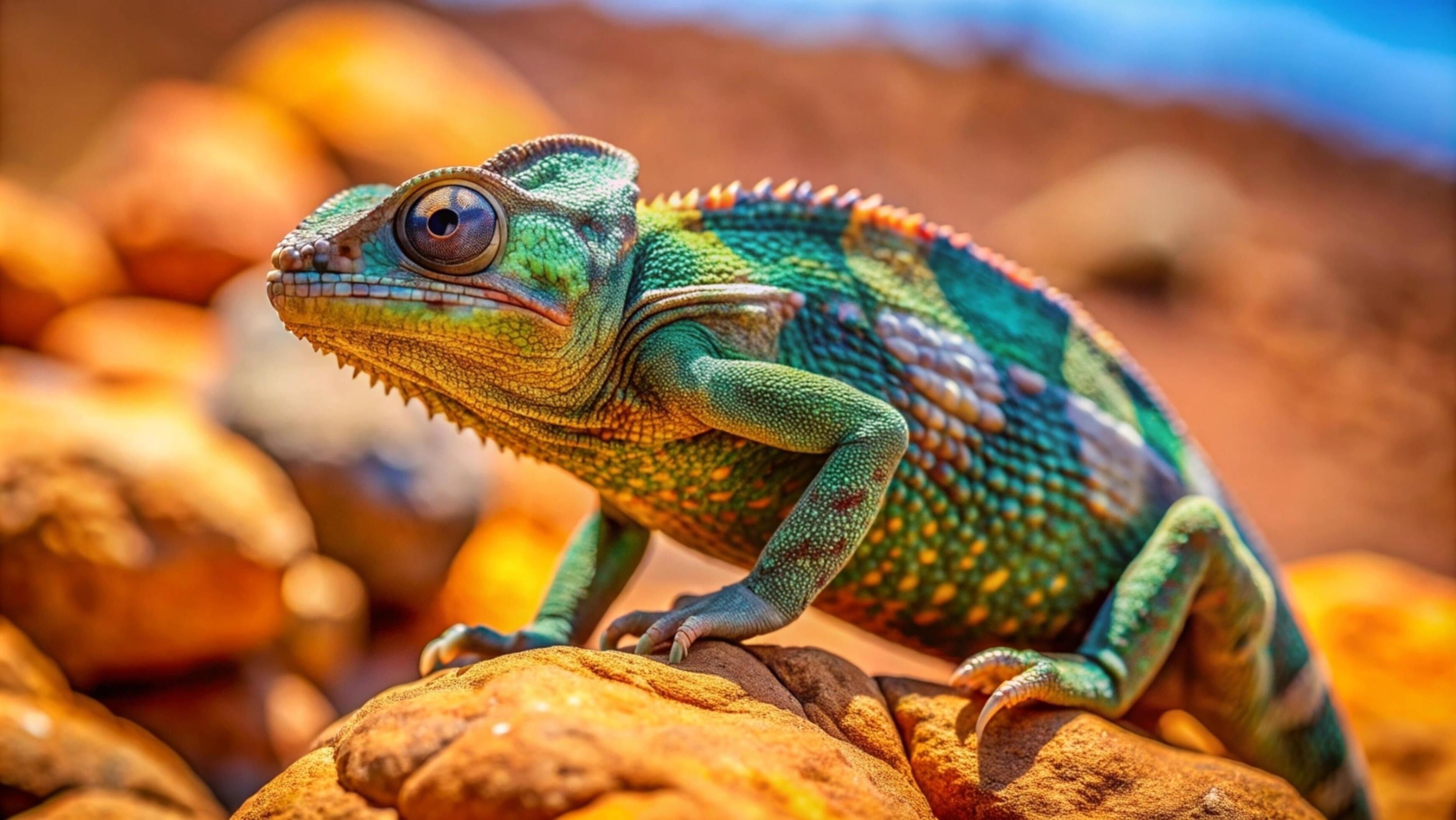 A vibrant chameleon camouflaging against a lush green forest background. Stock Free