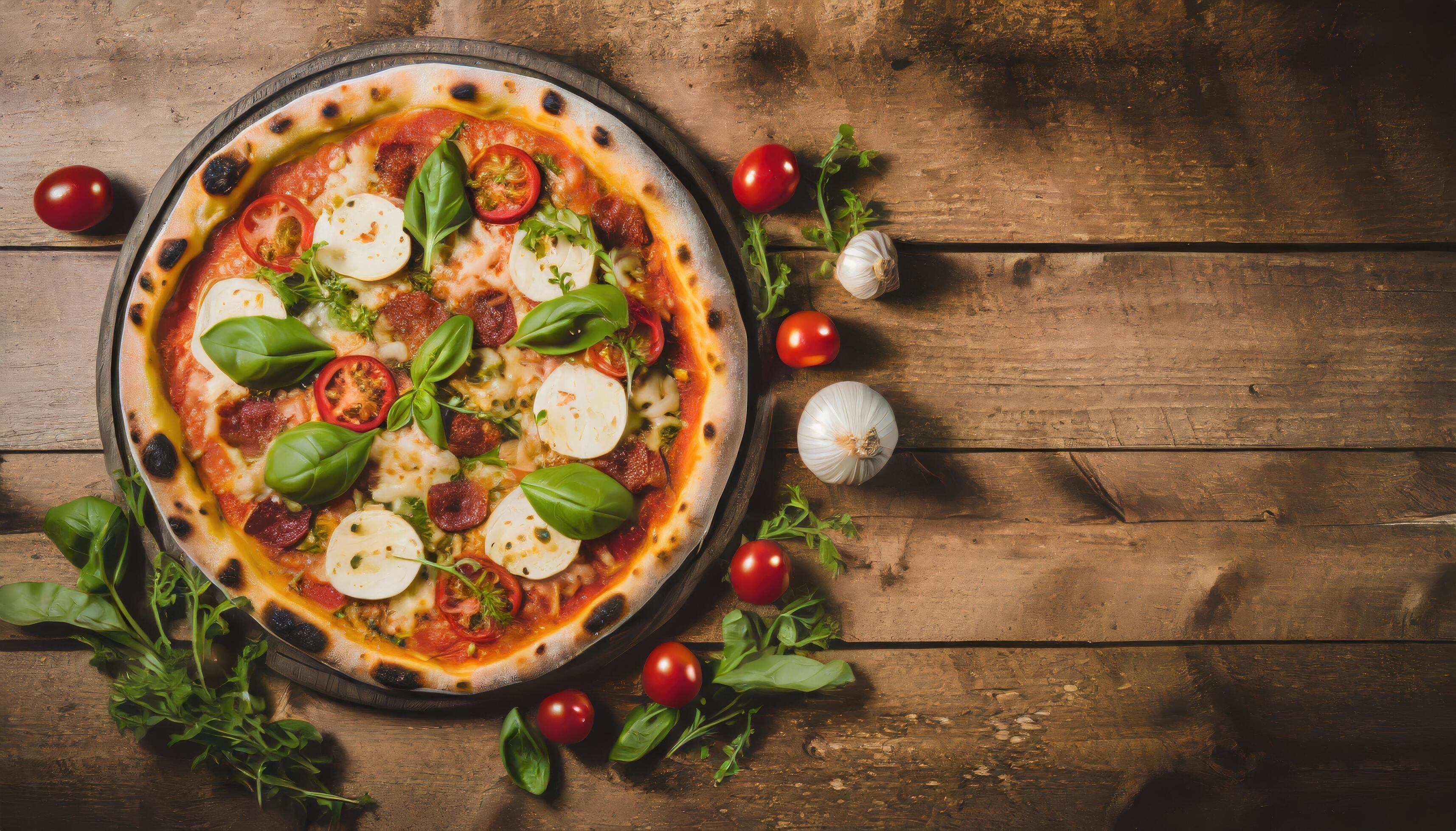 Copy Space image of Pizza Margherita on wooden background, Pizza Margarita with Tomatoes, Stock Free