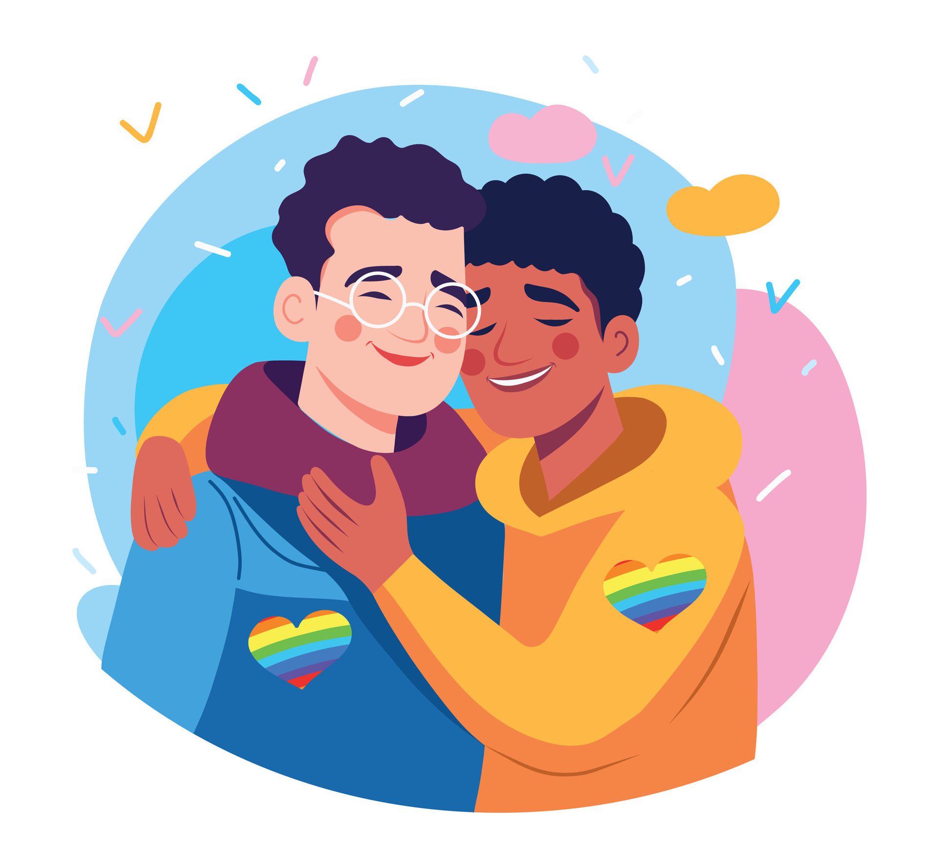 Vector illustration icon icon bright drawing pride month love two men lgbt hug rainbow icon people flat style Free Vector