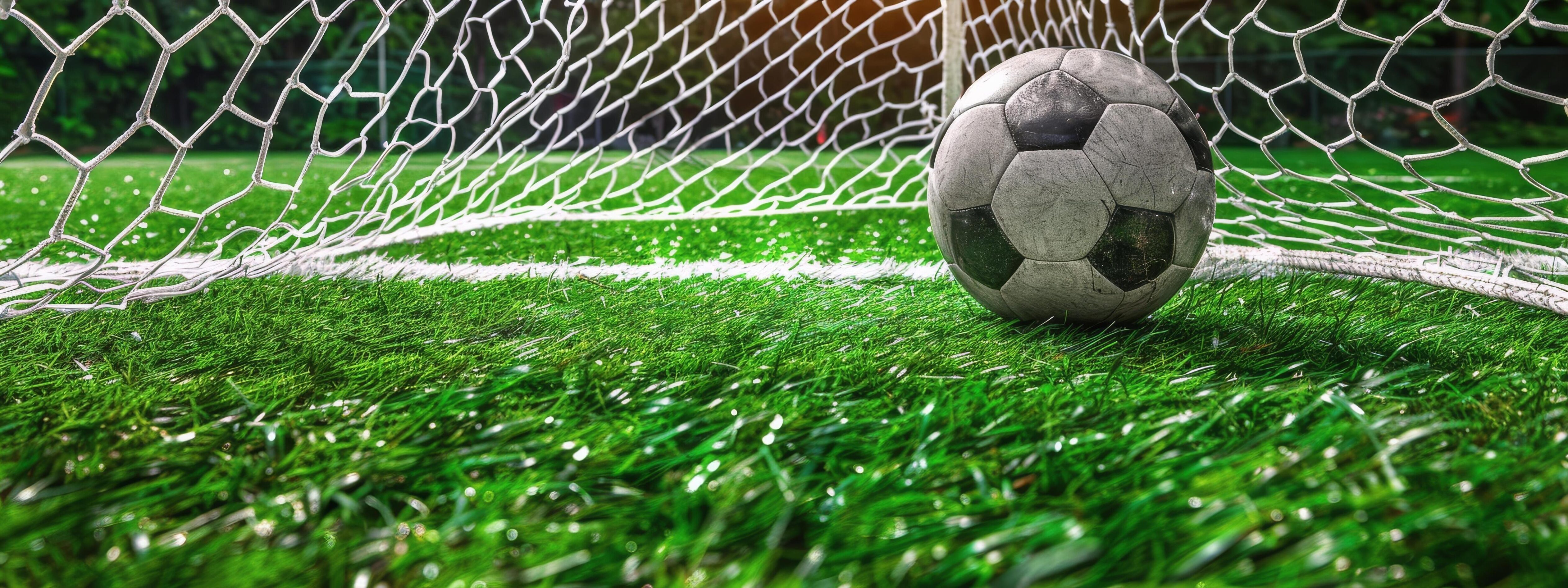 Soccer Ball Resting in Green Grass Near Goal Net on Sunny Day Stock Free