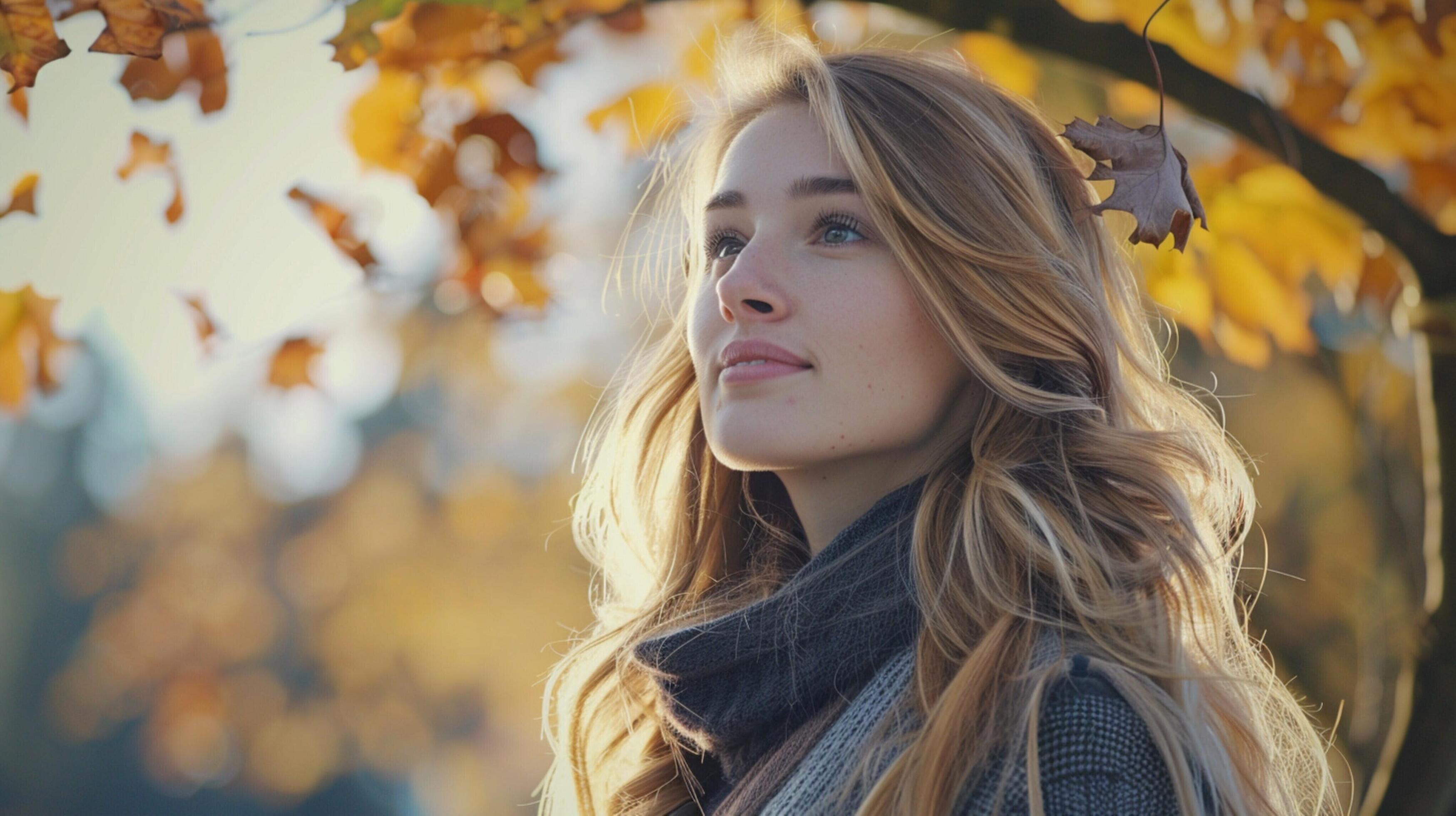 young woman with long blond hair enjoying autumn Stock Free