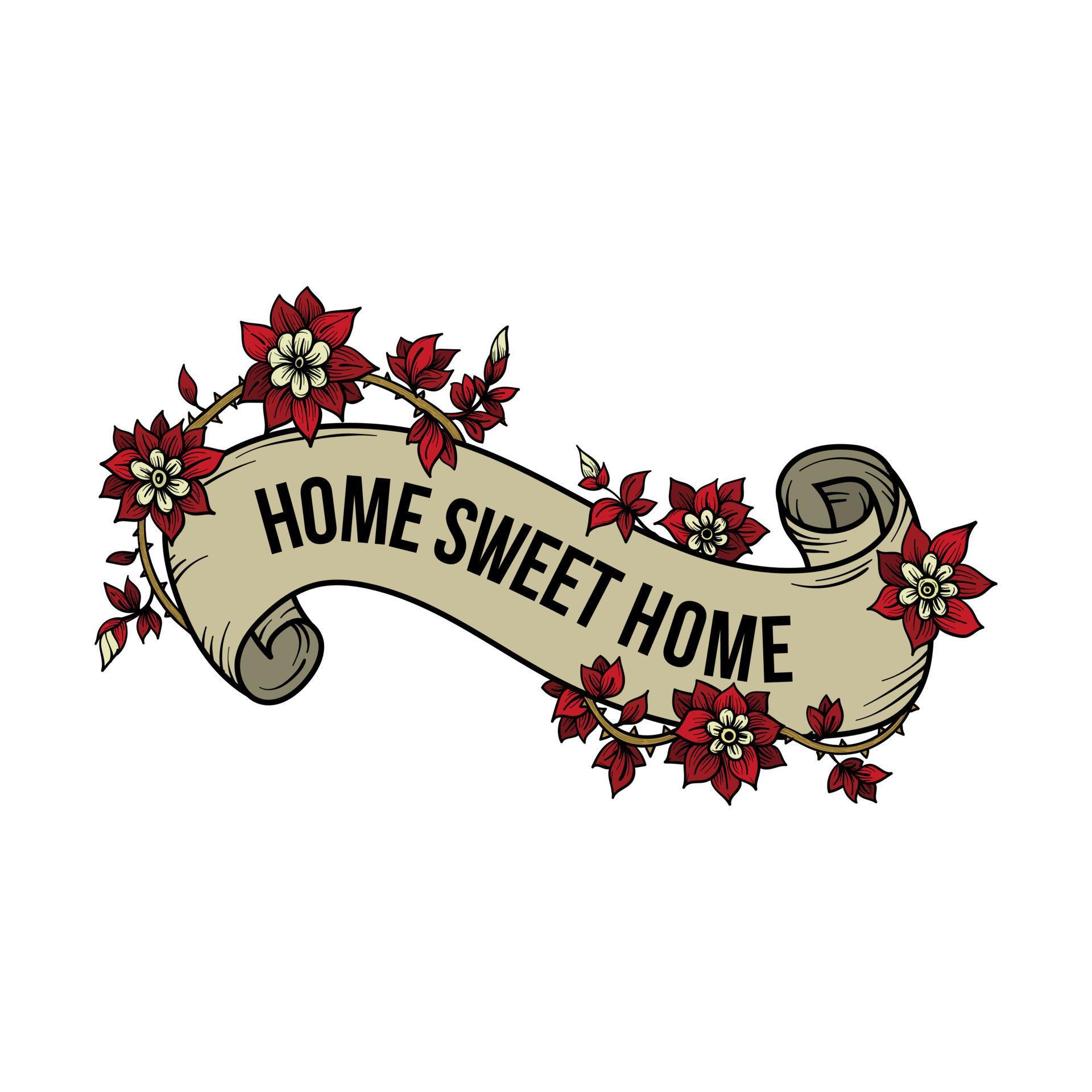 Isolated Home sweet home ribbon banner with leaves and flowers for prints, posters, cards design Stock Free