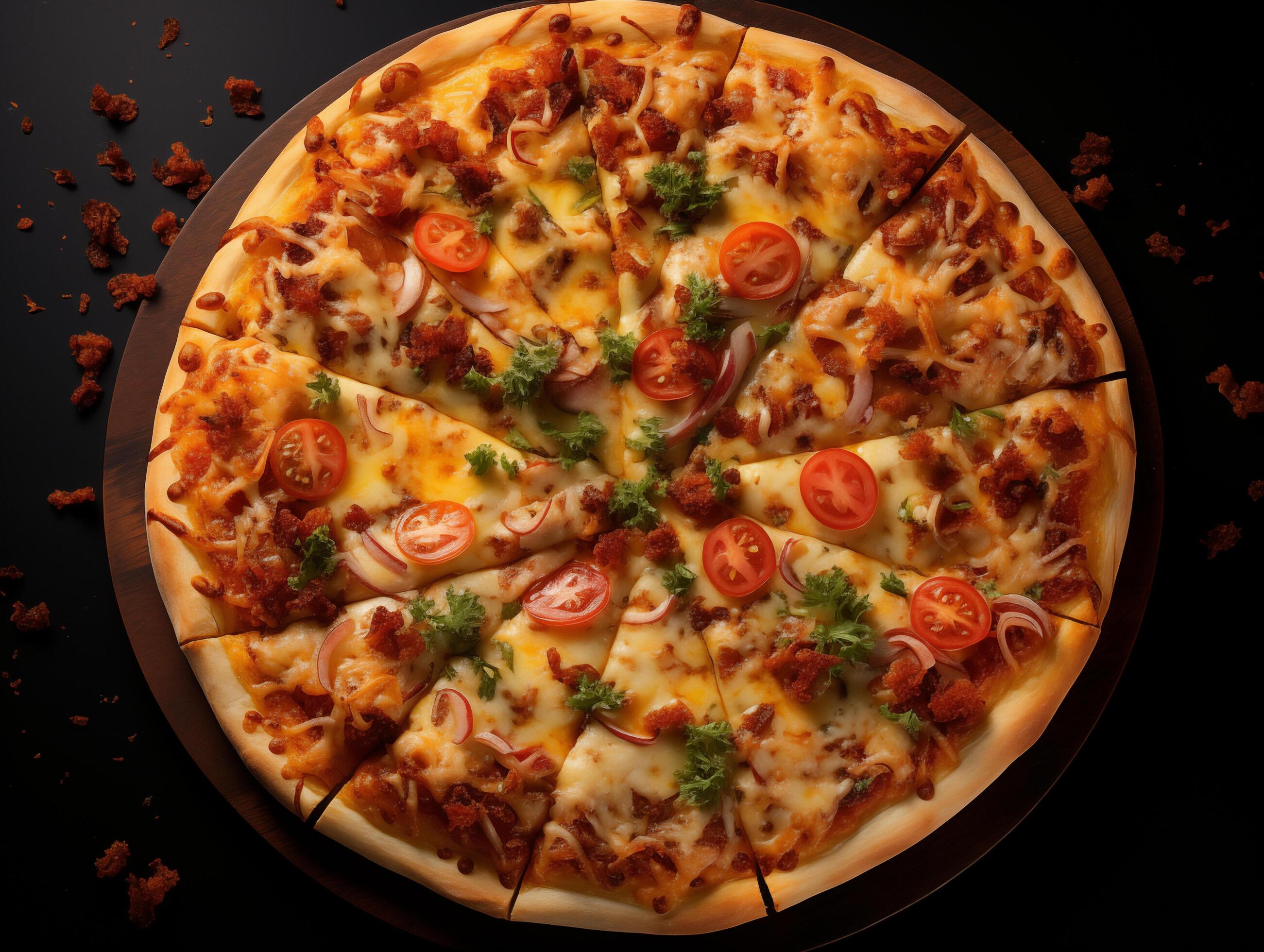 Top view of pizza isolated on black background. Photo for restaurant menu, advertising, delivery, banner Stock Free