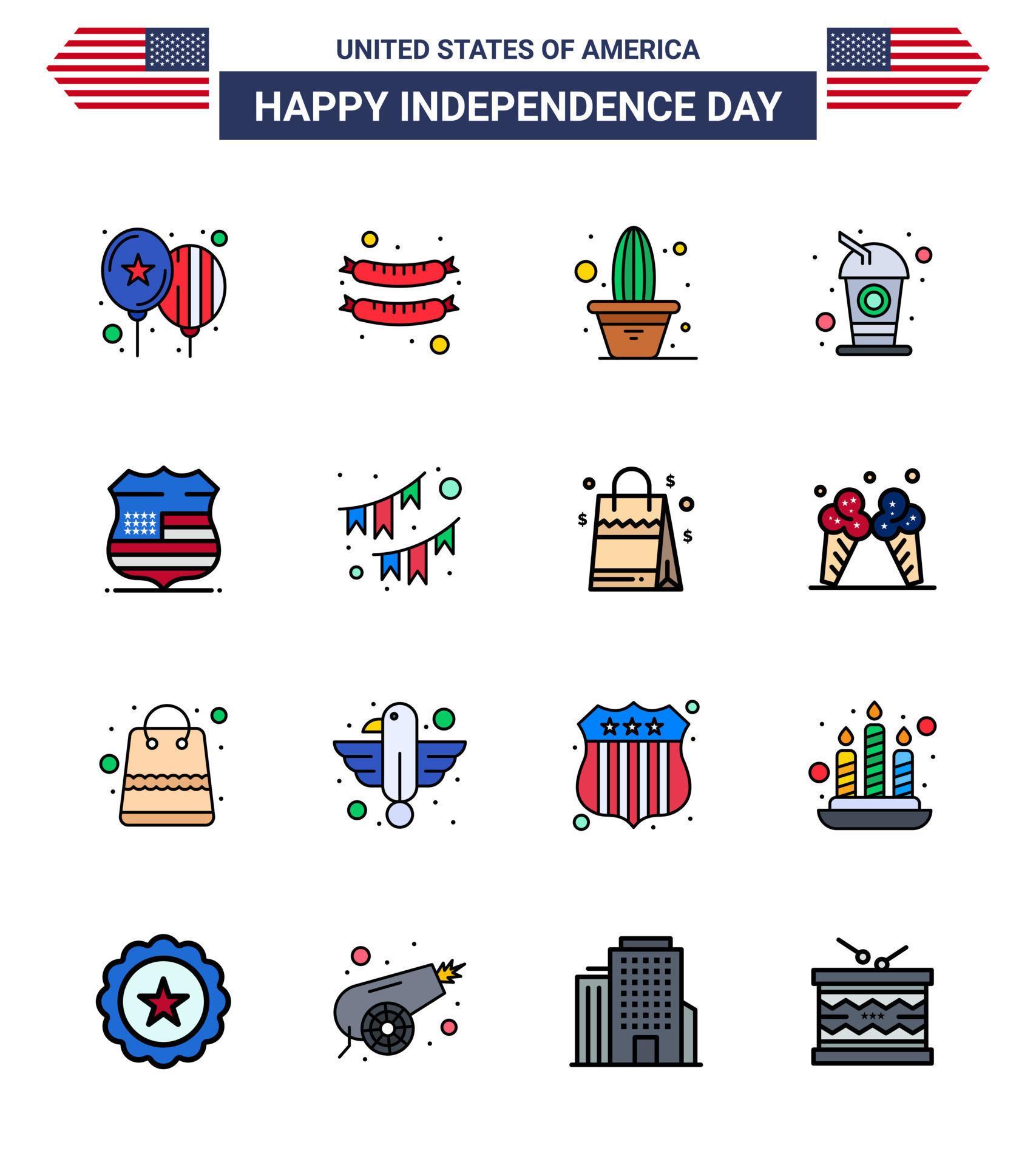 Happy Independence Day USA Pack of 16 Creative Flat Filled Lines of usa shield flower soda cola Editable USA Day Vector Design Elements Stock Free