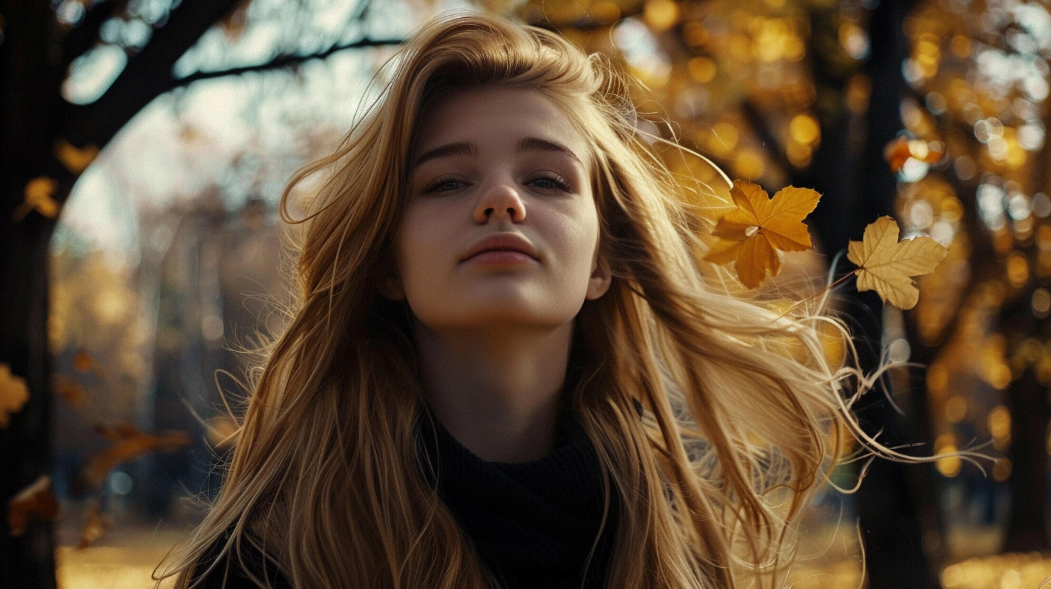 young woman with long blond hair enjoying autumn Stock Free