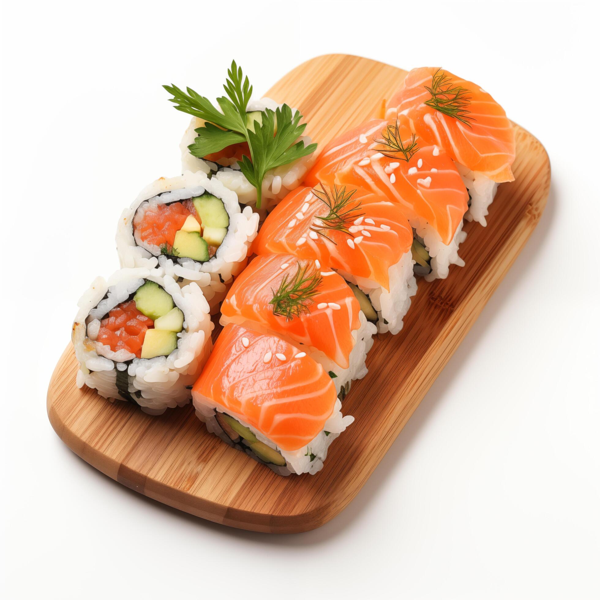 Wooden desk with different kinds of sushi isolated on white background. Photo for restaurant menu, advertising, delivery, banner Stock Free