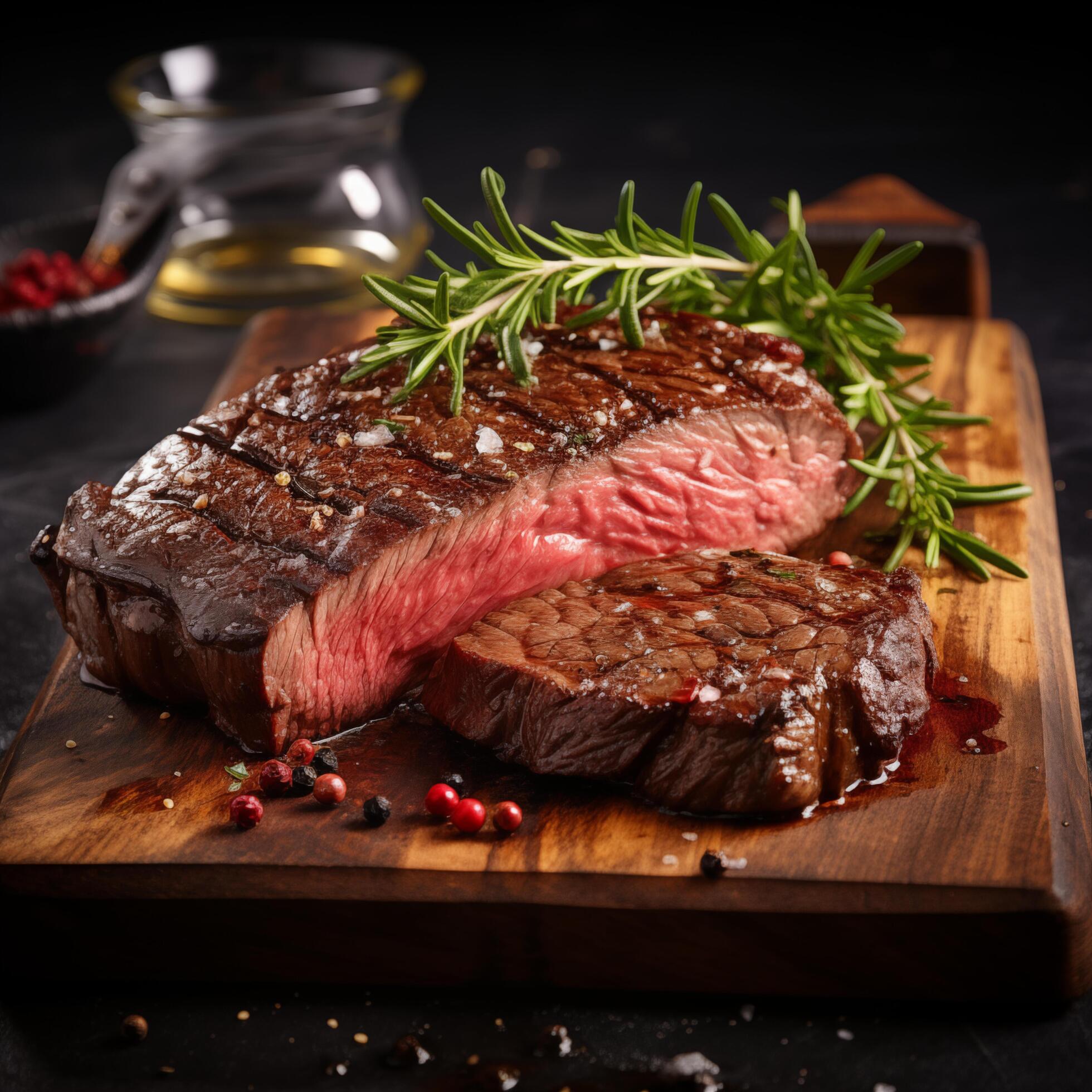 Piece of rump steak on cutting board dark background. Cured spiced and smoked Pastrami. Photo for restaurant menu, advertising, delivery, banner Stock Free