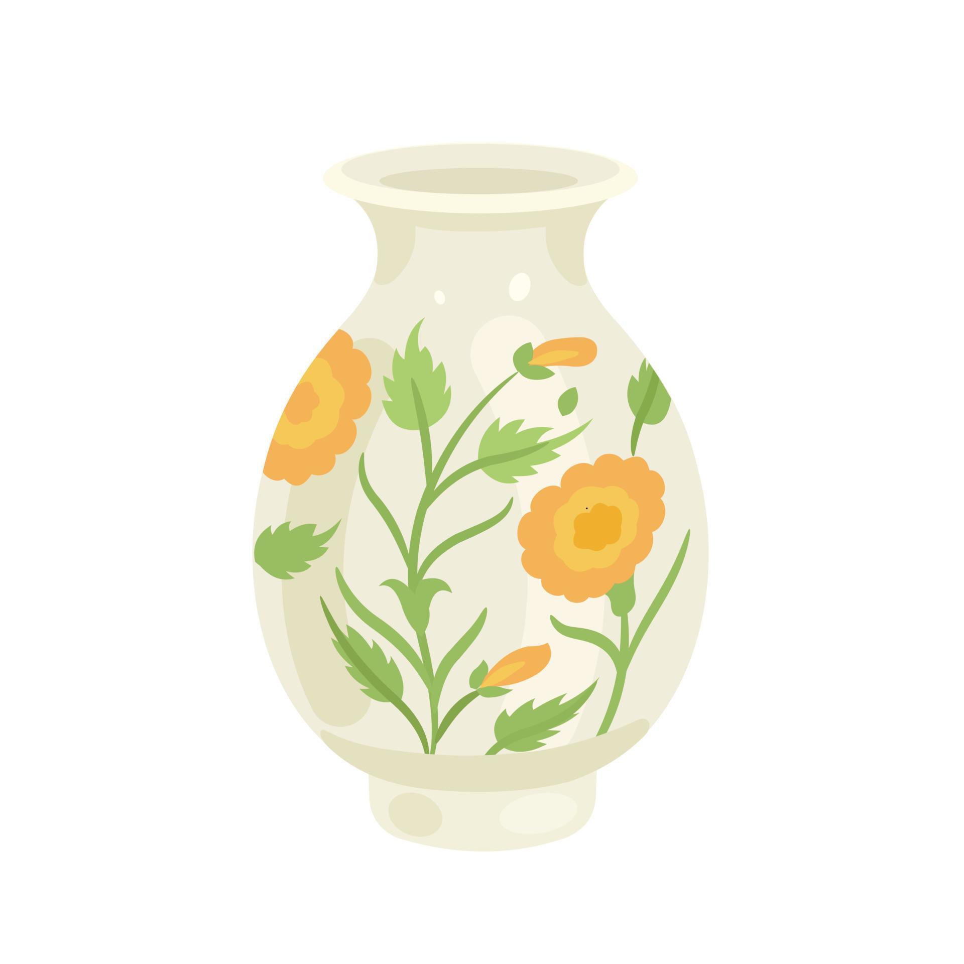 Ceramic vase of light yellow color with flowers. Vector flat illustration isolated on white background. Stock Free