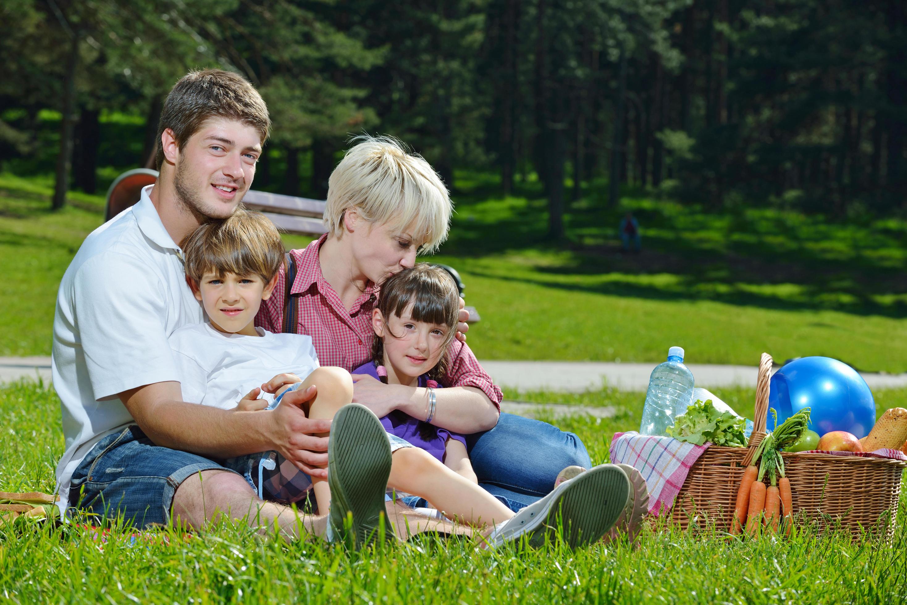 Happy family playing together in a picnic outdoors Stock Free