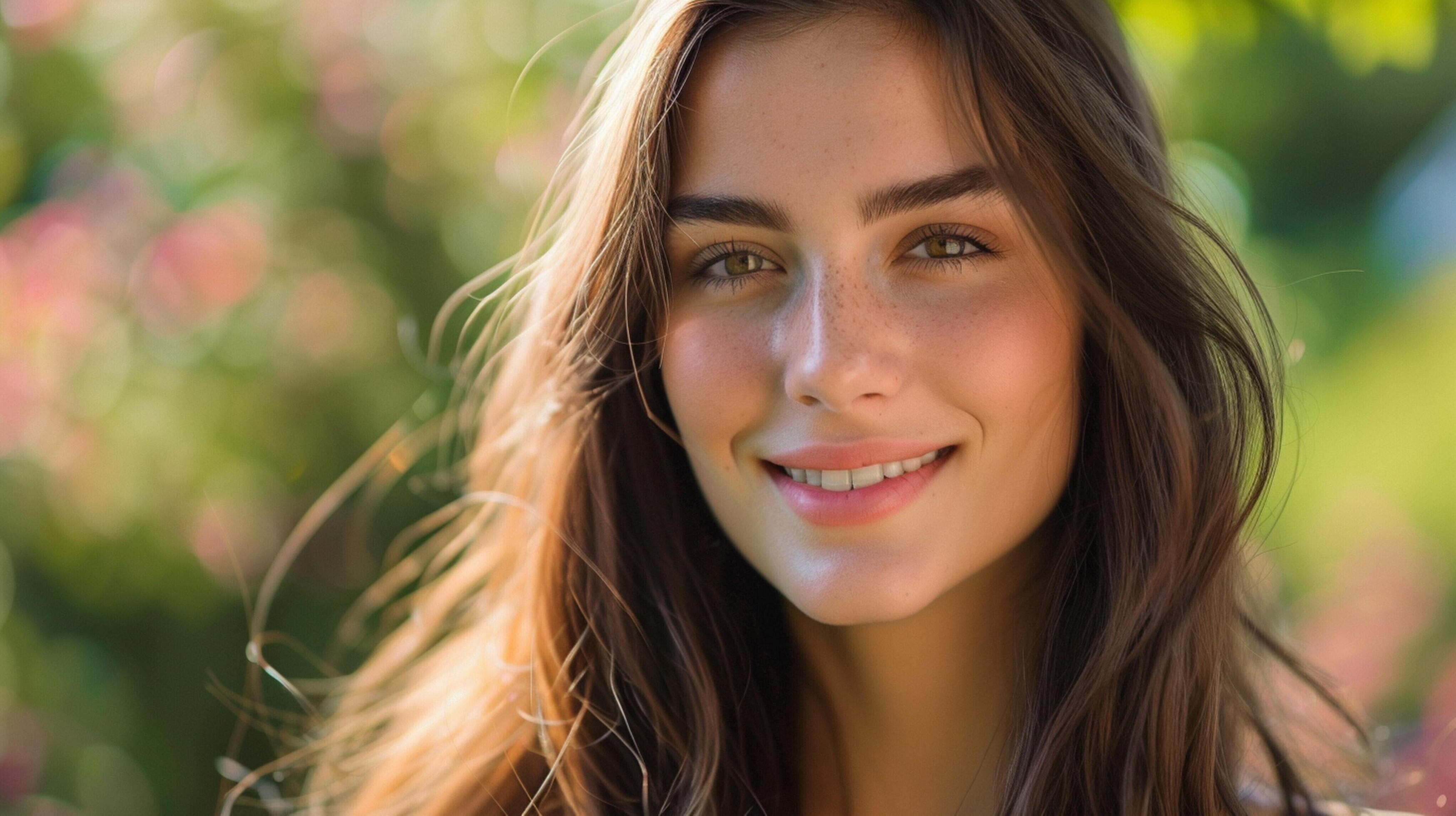 young woman with long brown hair smiling Stock Free