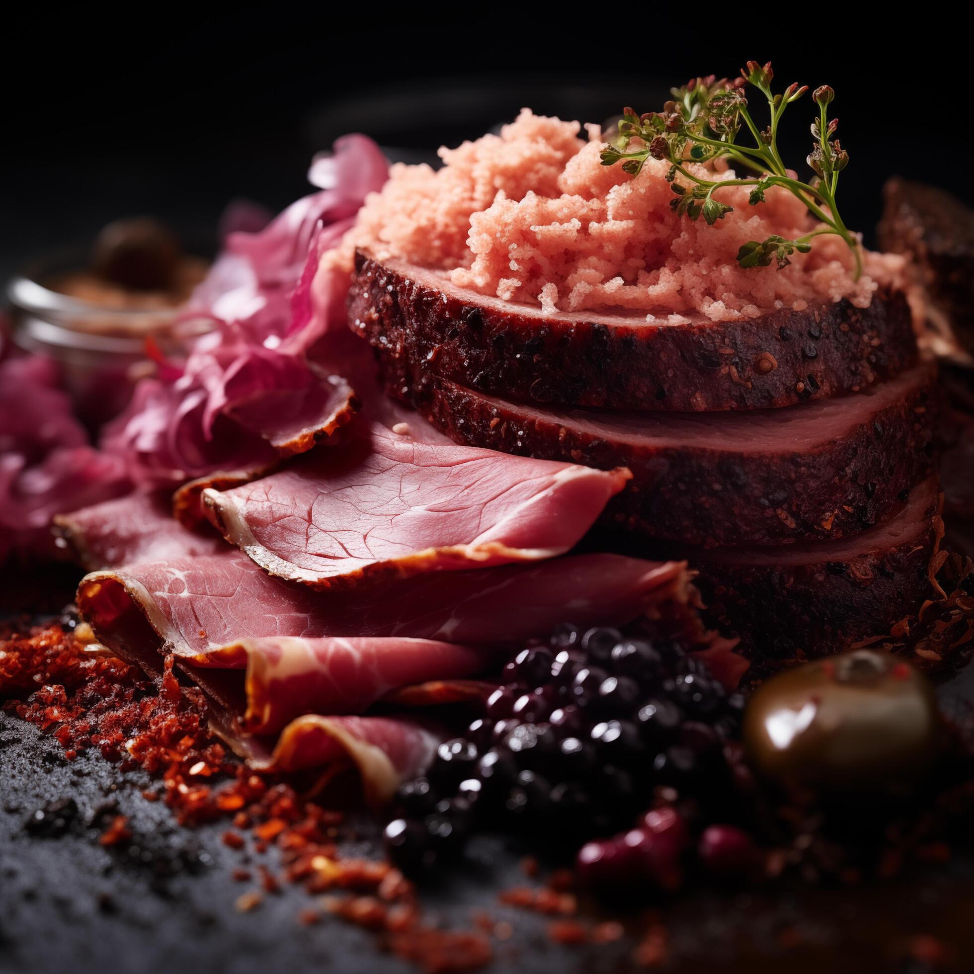 Piece of rump steak on cutting board dark background. Cured spiced and smoked Pastrami. Photo for restaurant menu, advertising, delivery, banner Stock Free