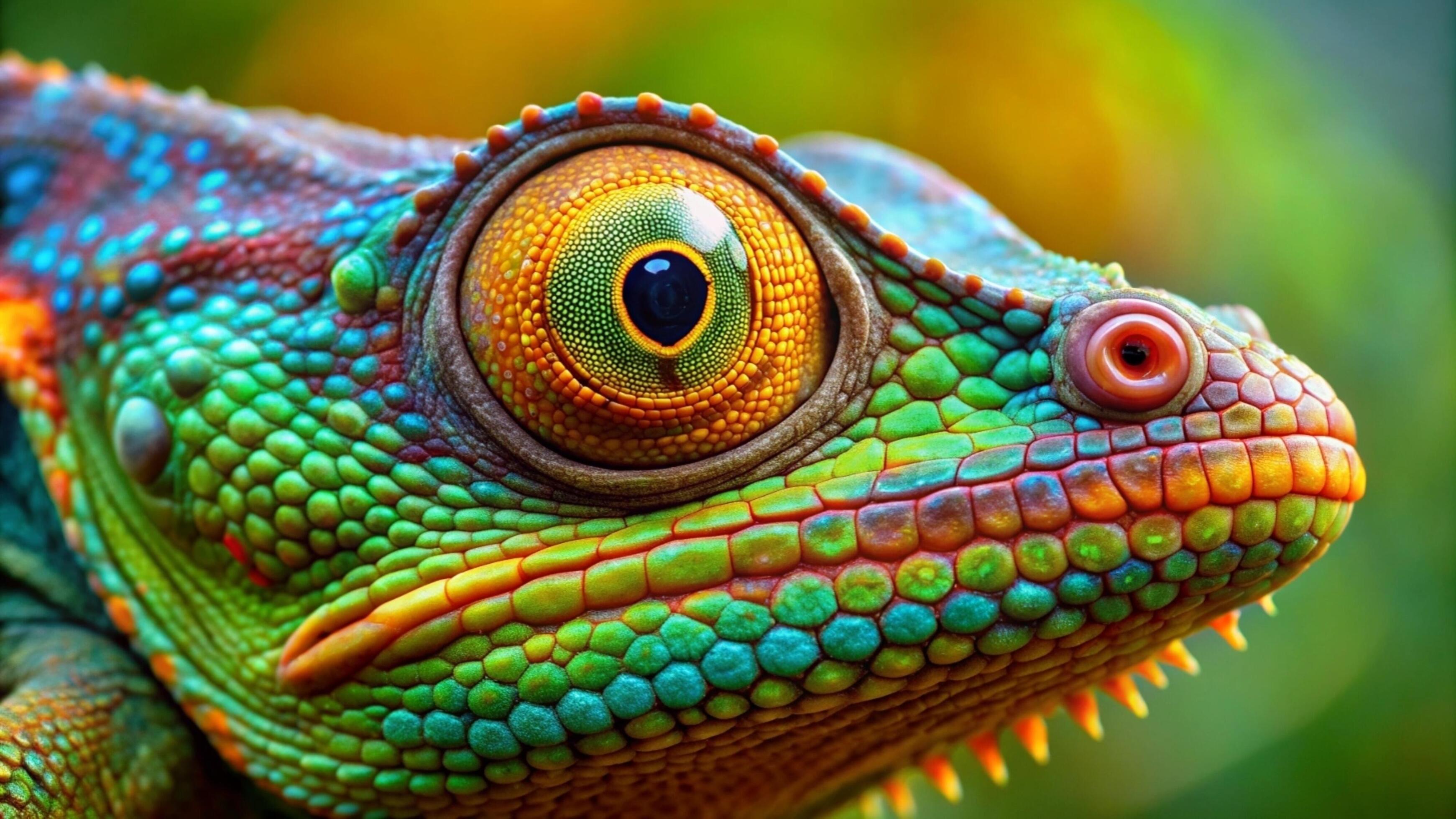 A vibrant chameleon camouflaging against a lush green forest background. Stock Free