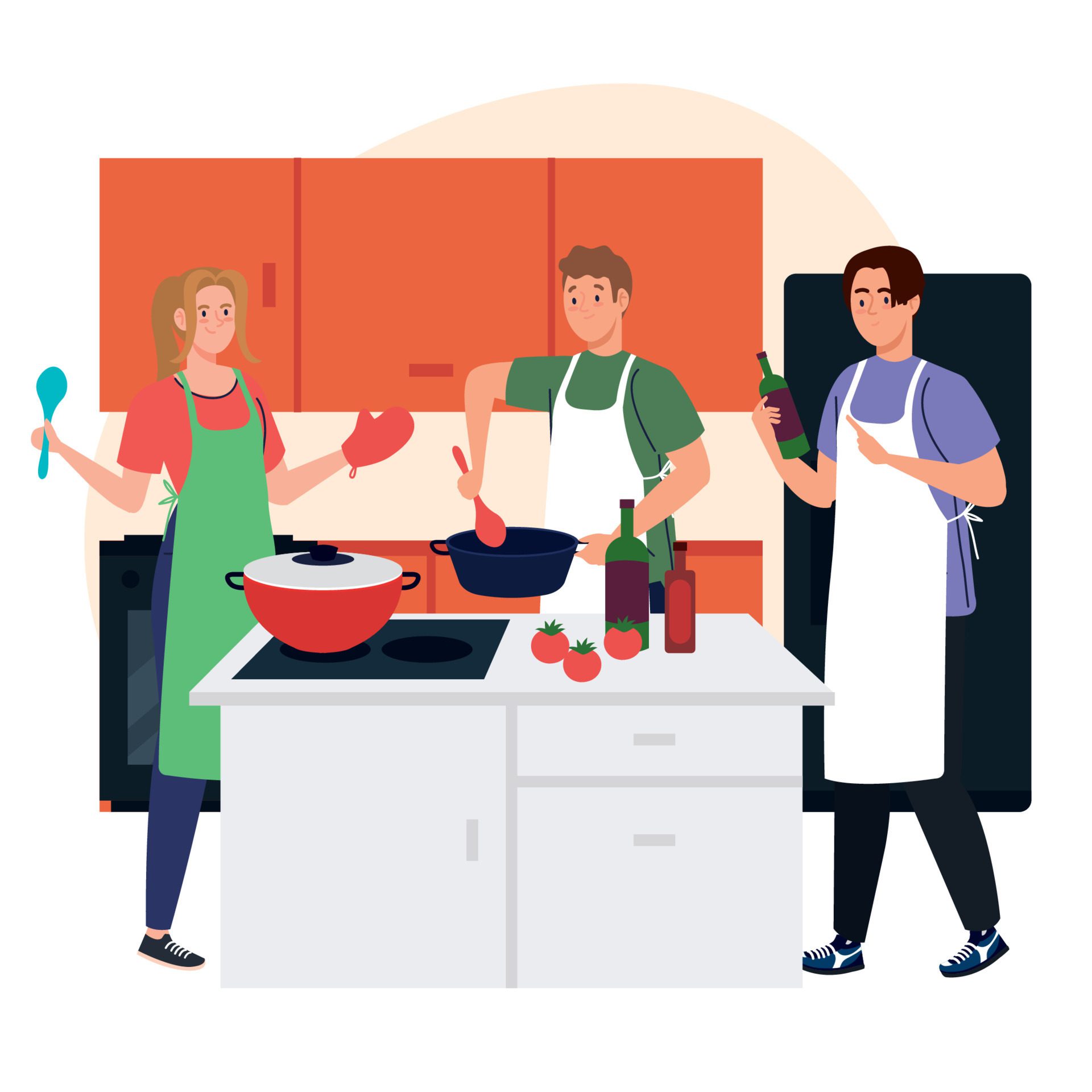 group young people cooking in the home Free Vector