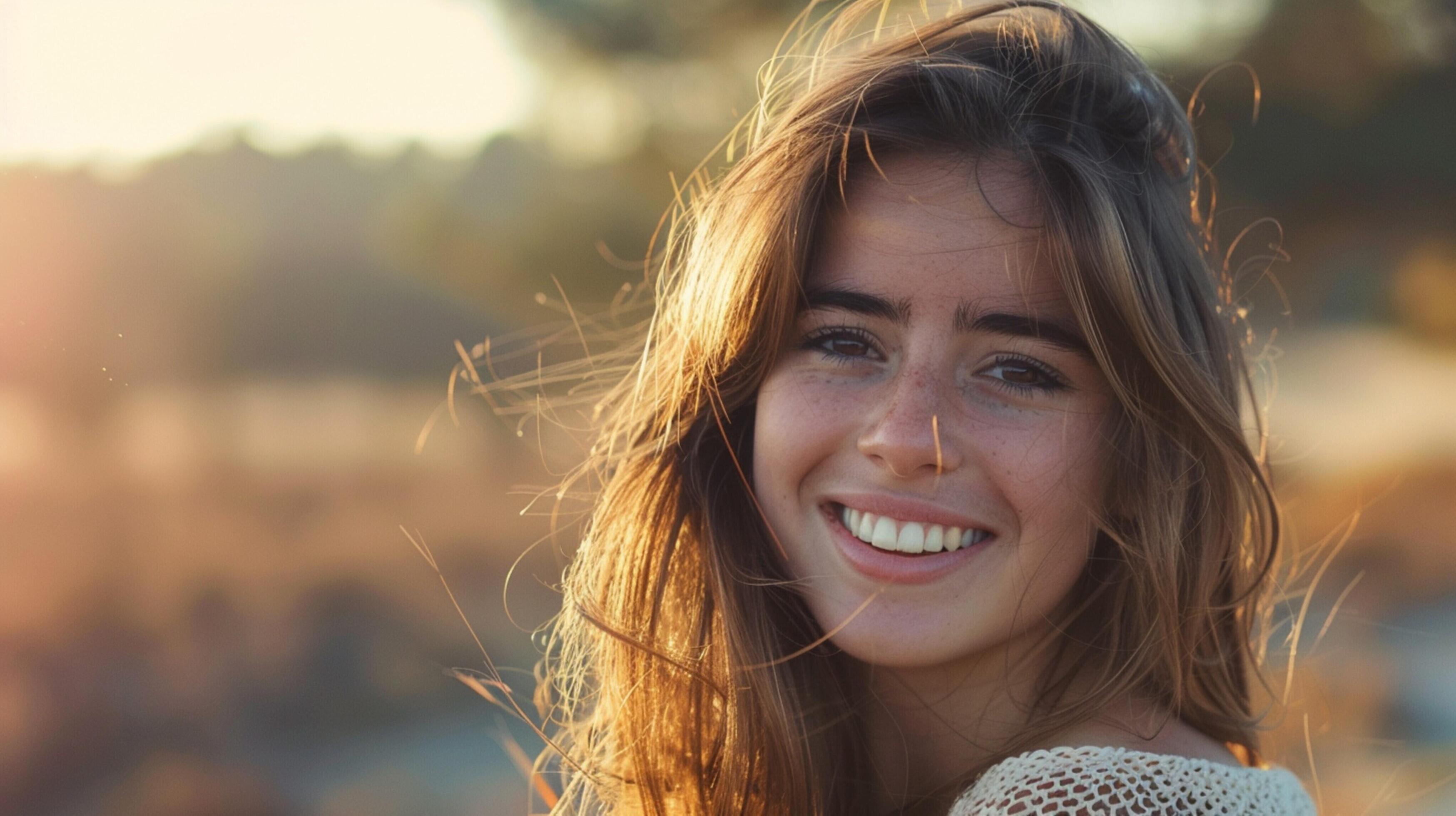 young woman with long brown hair smiling Stock Free