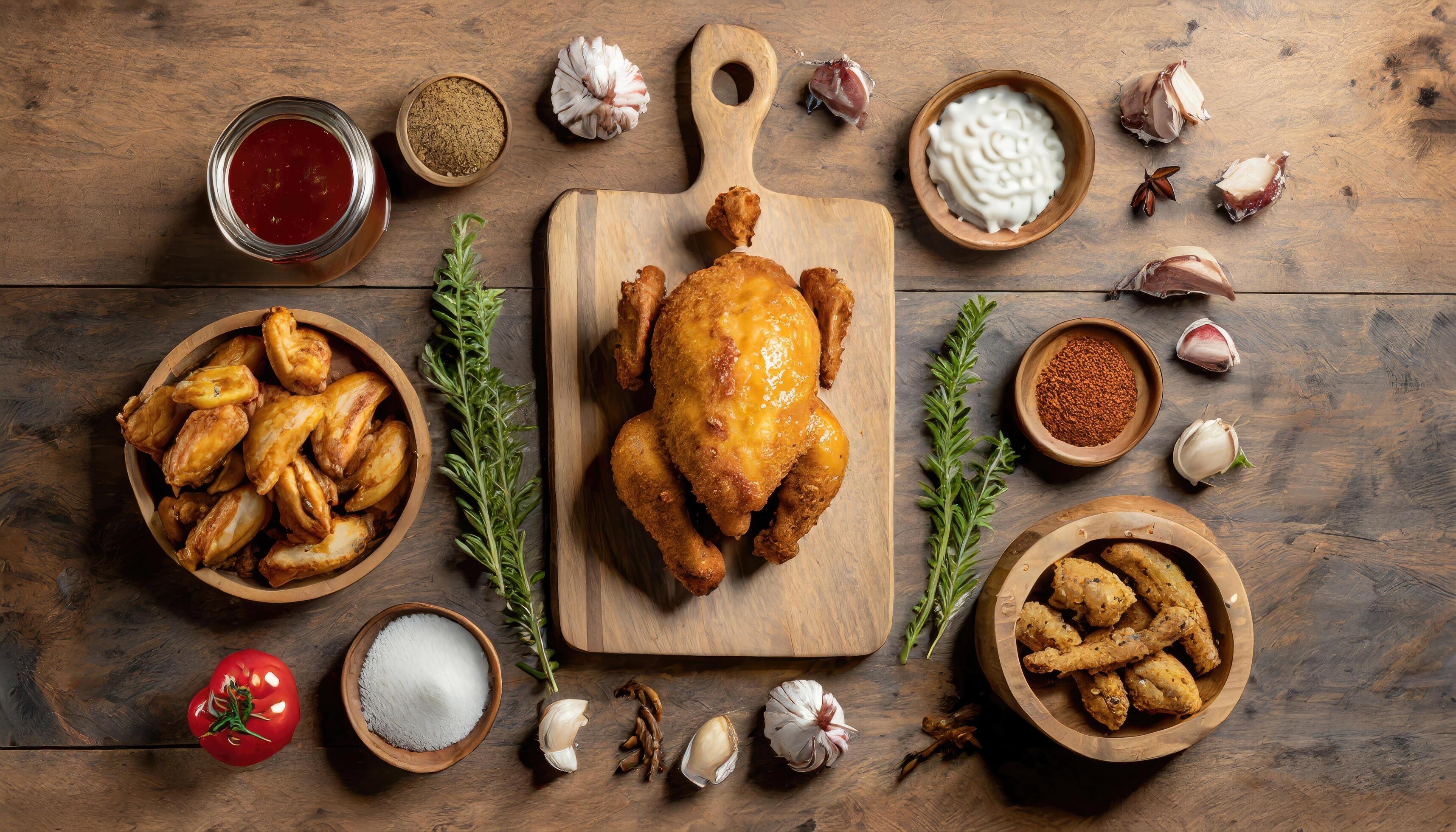 Copy Space image of Breaded chicken drumstick, leg, wing and breast tenders strips. Dark Wooden background. Stock Free