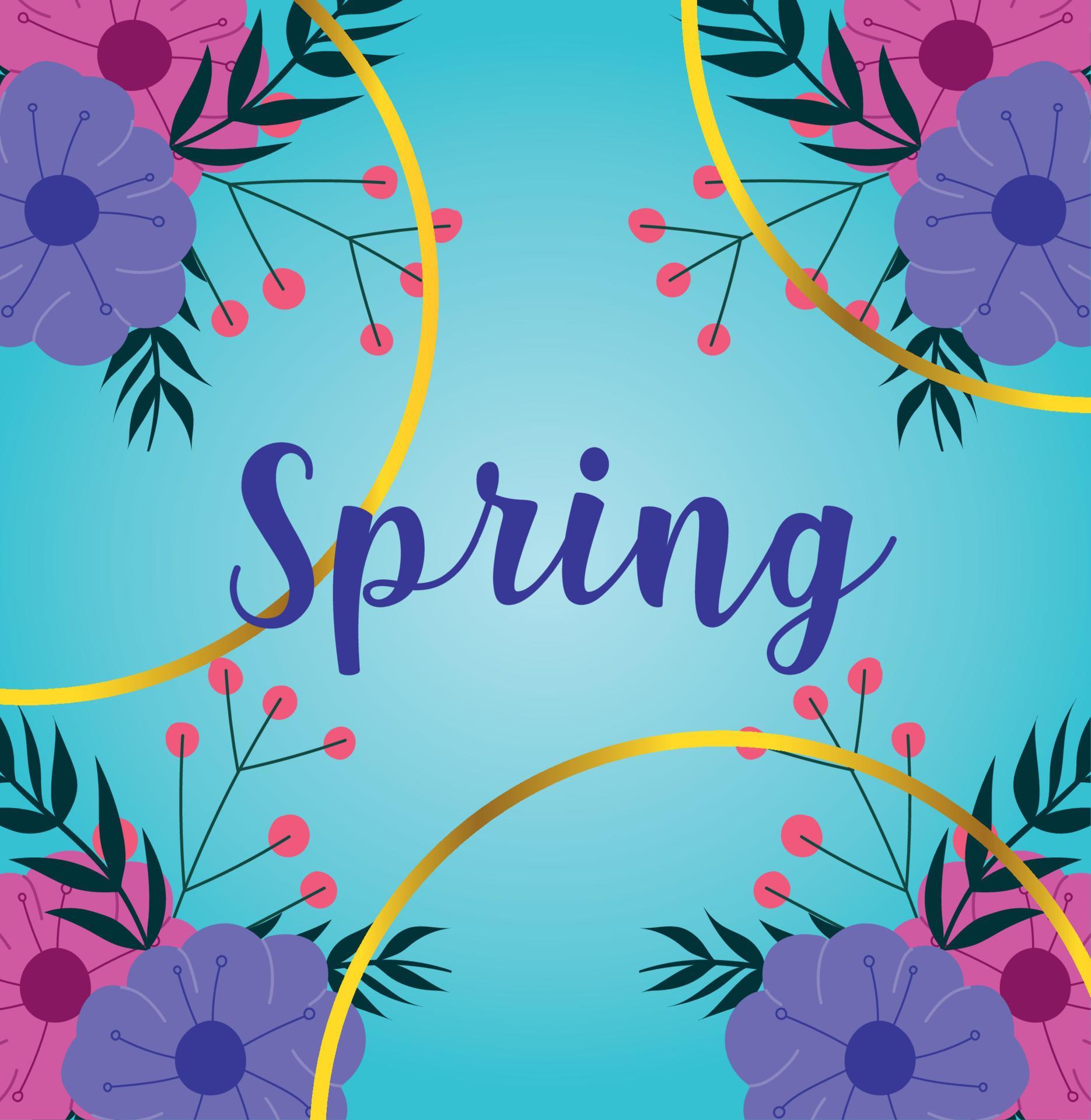 hello spring, lettering flowers season ribbon blue background Stock Free and Free SVG