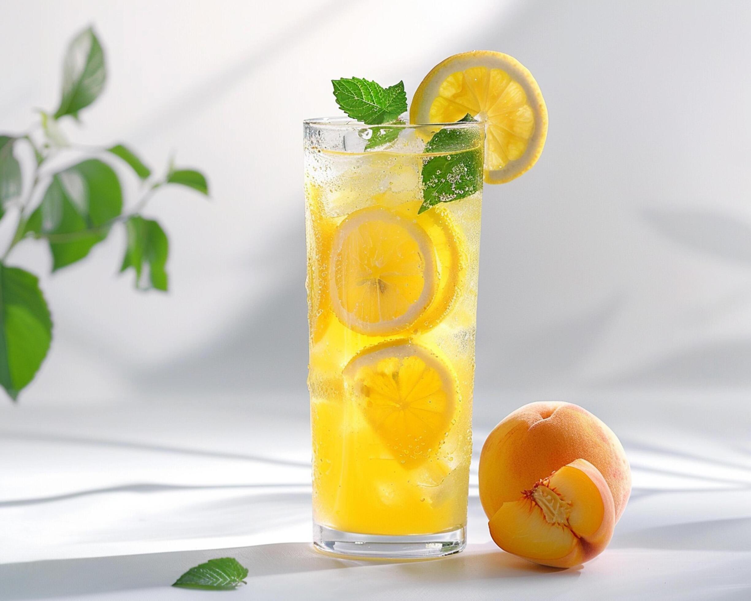 a glass of lemonade with a peach on the side Stock Free