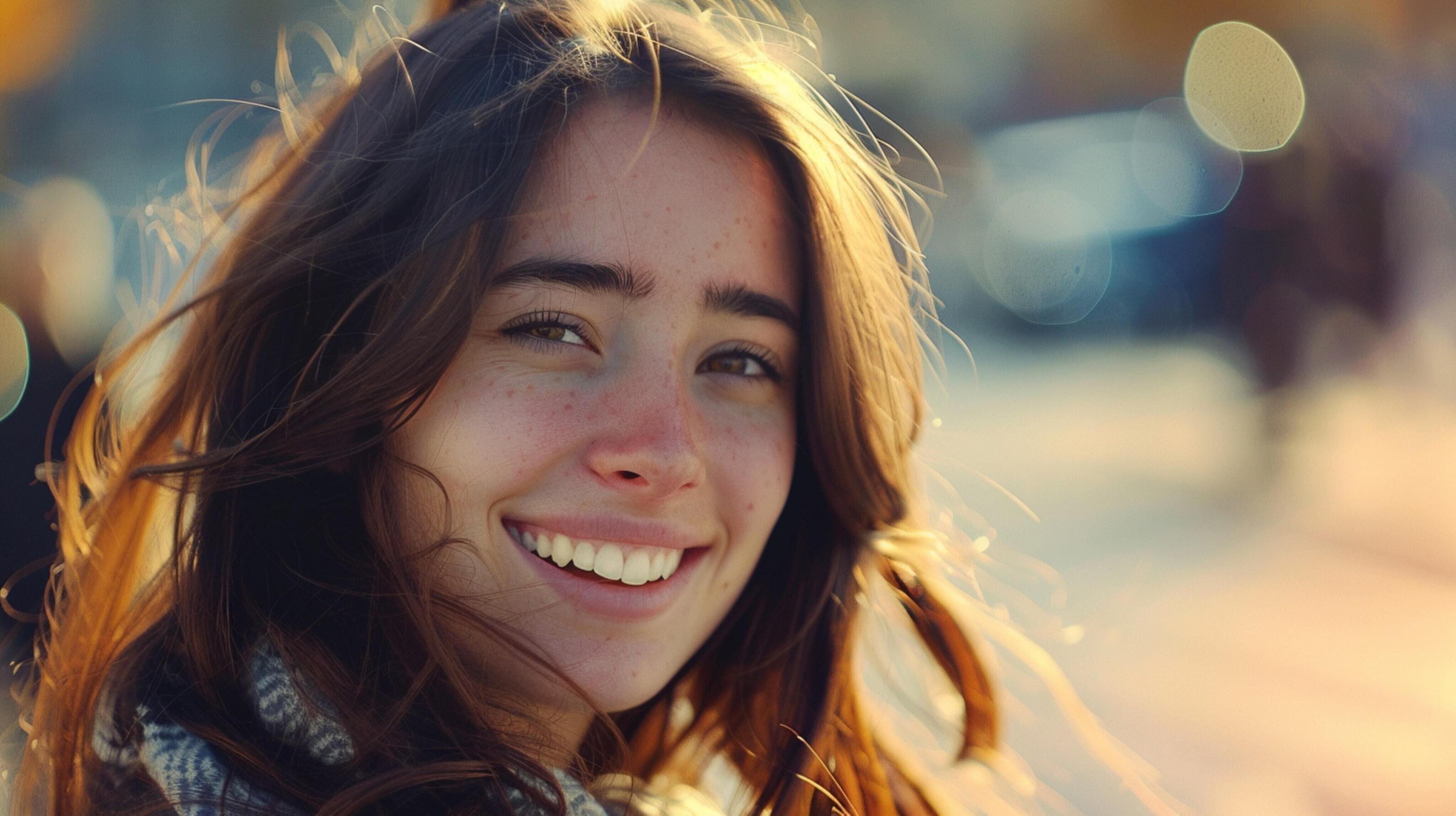 young woman with long brown hair smiling Stock Free