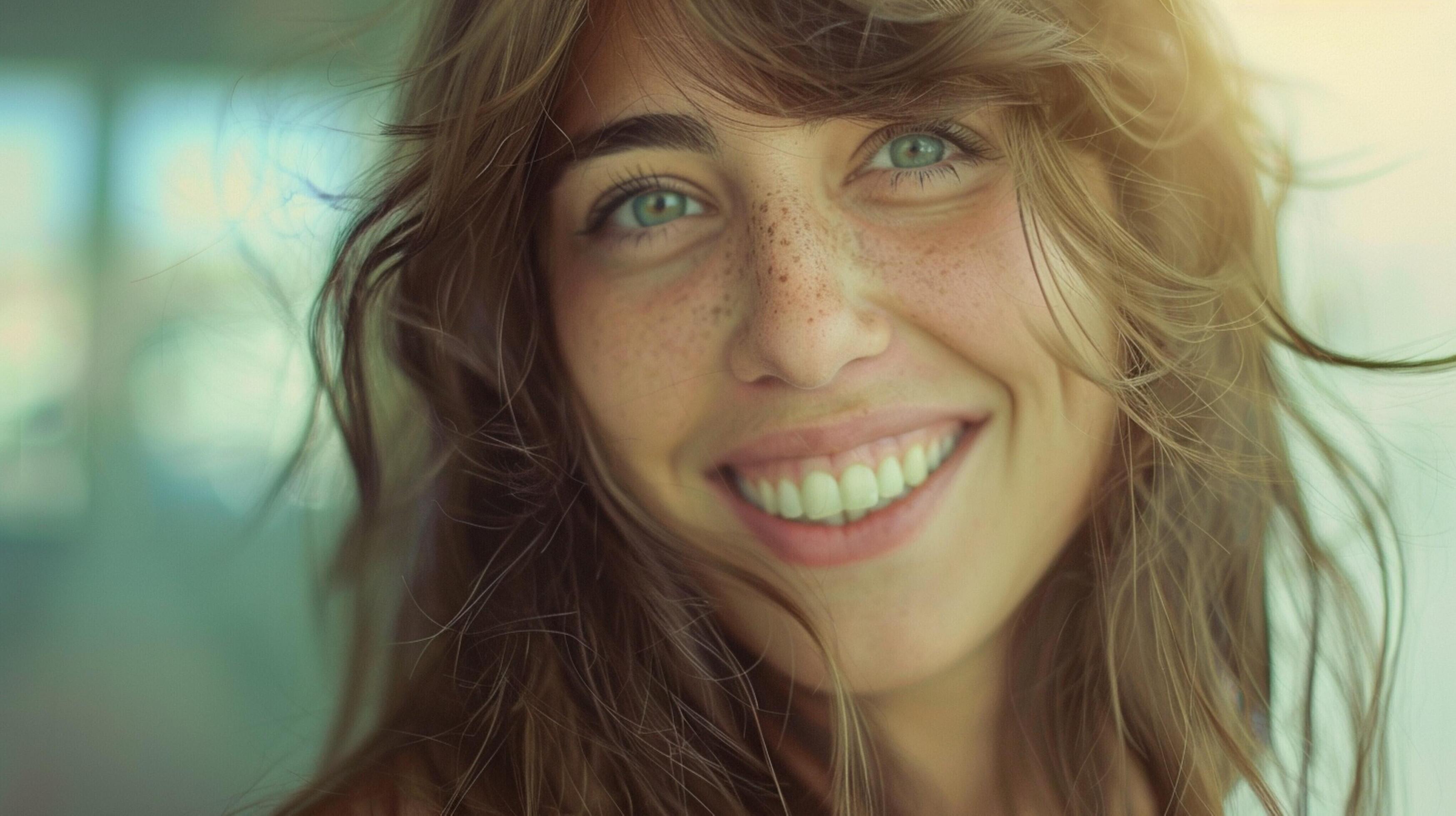 young woman with long brown hair smiling Stock Free