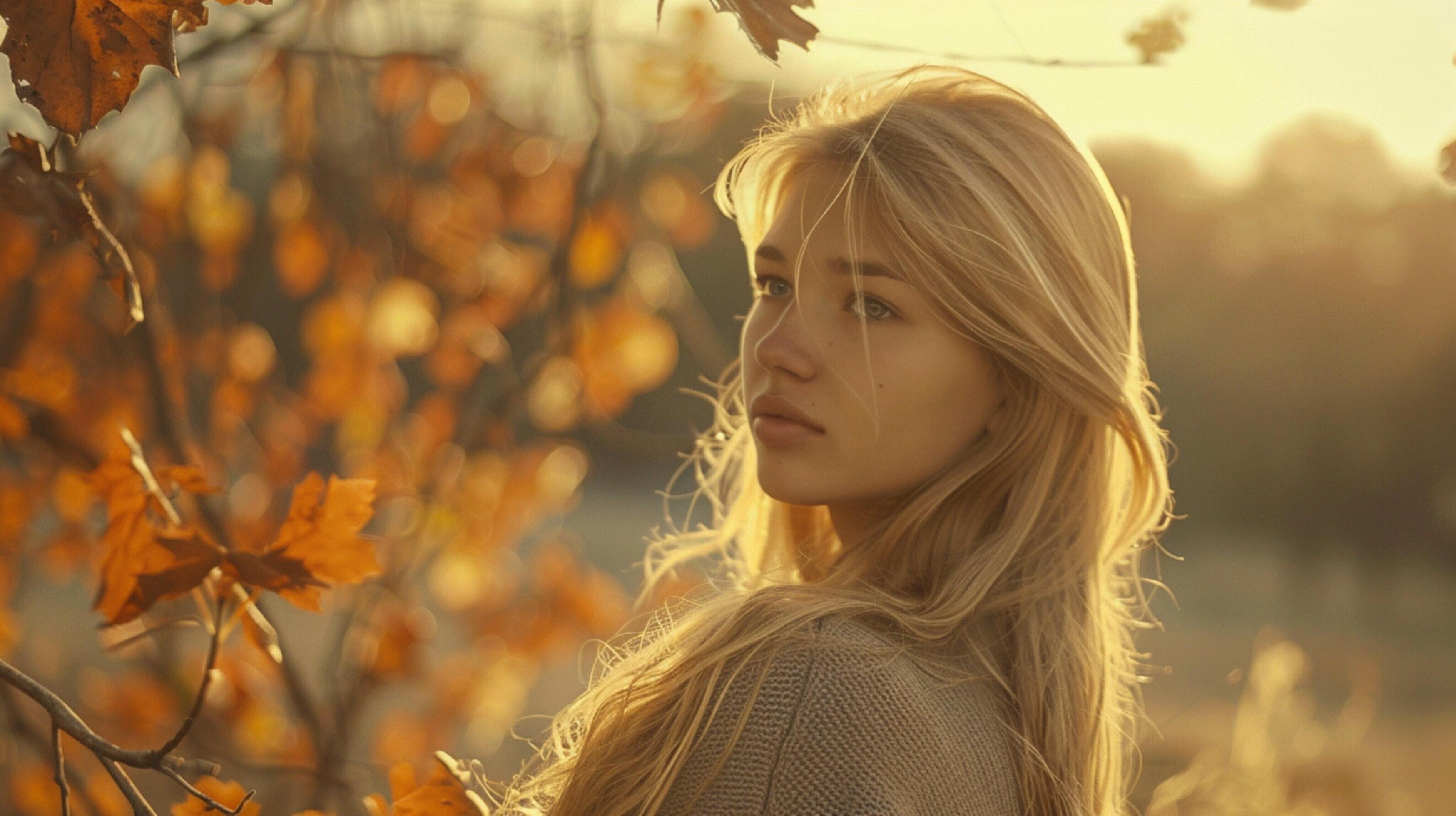 young woman with long blond hair enjoying autumn Stock Free