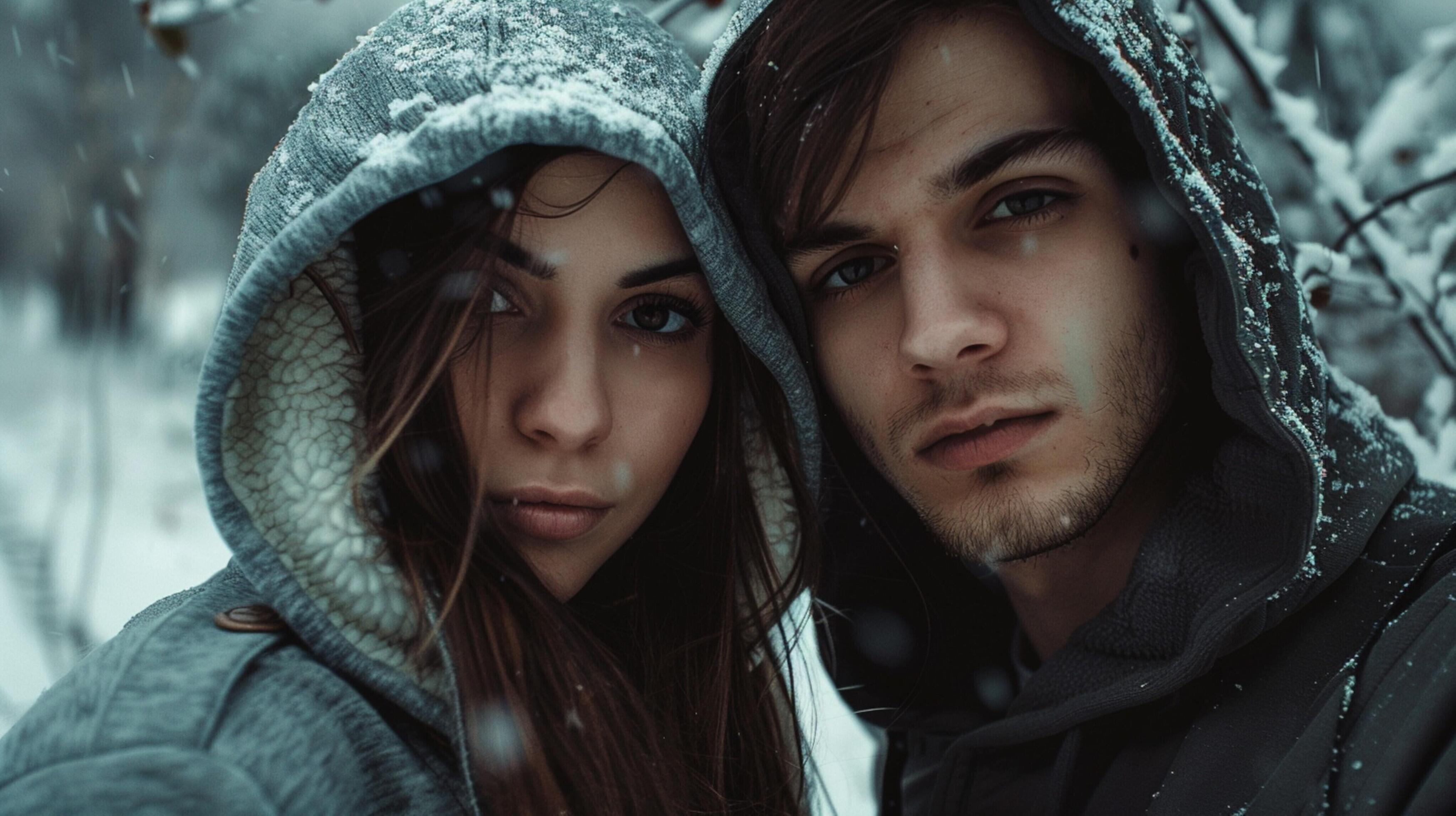 young couple in hooded shirts looking at camera Stock Free