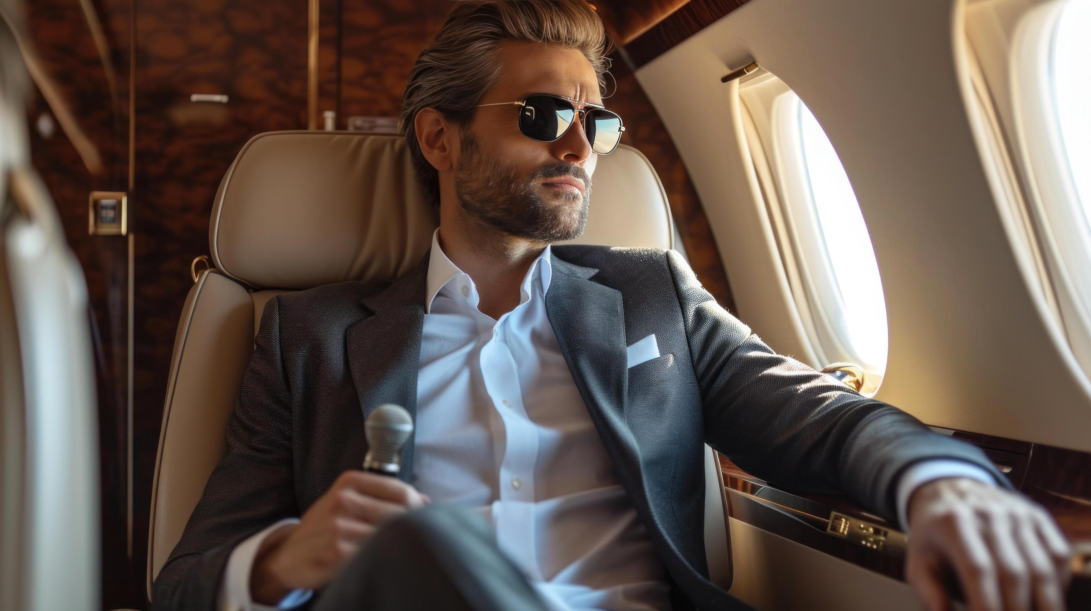 AI generated elegant business man sitting in luxury business jet Stock Free