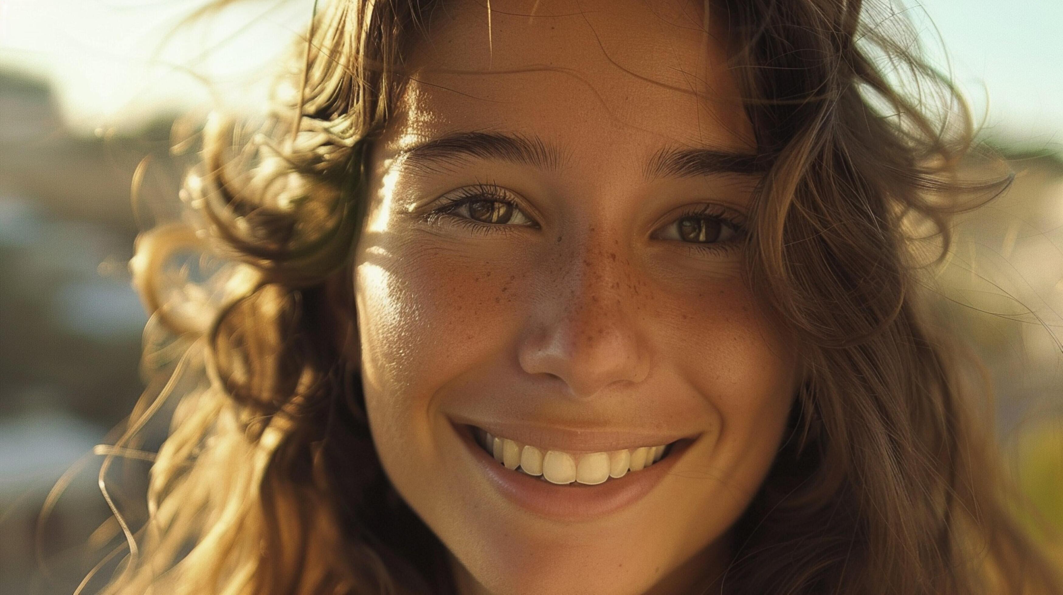 young woman with long brown hair smiling Stock Free