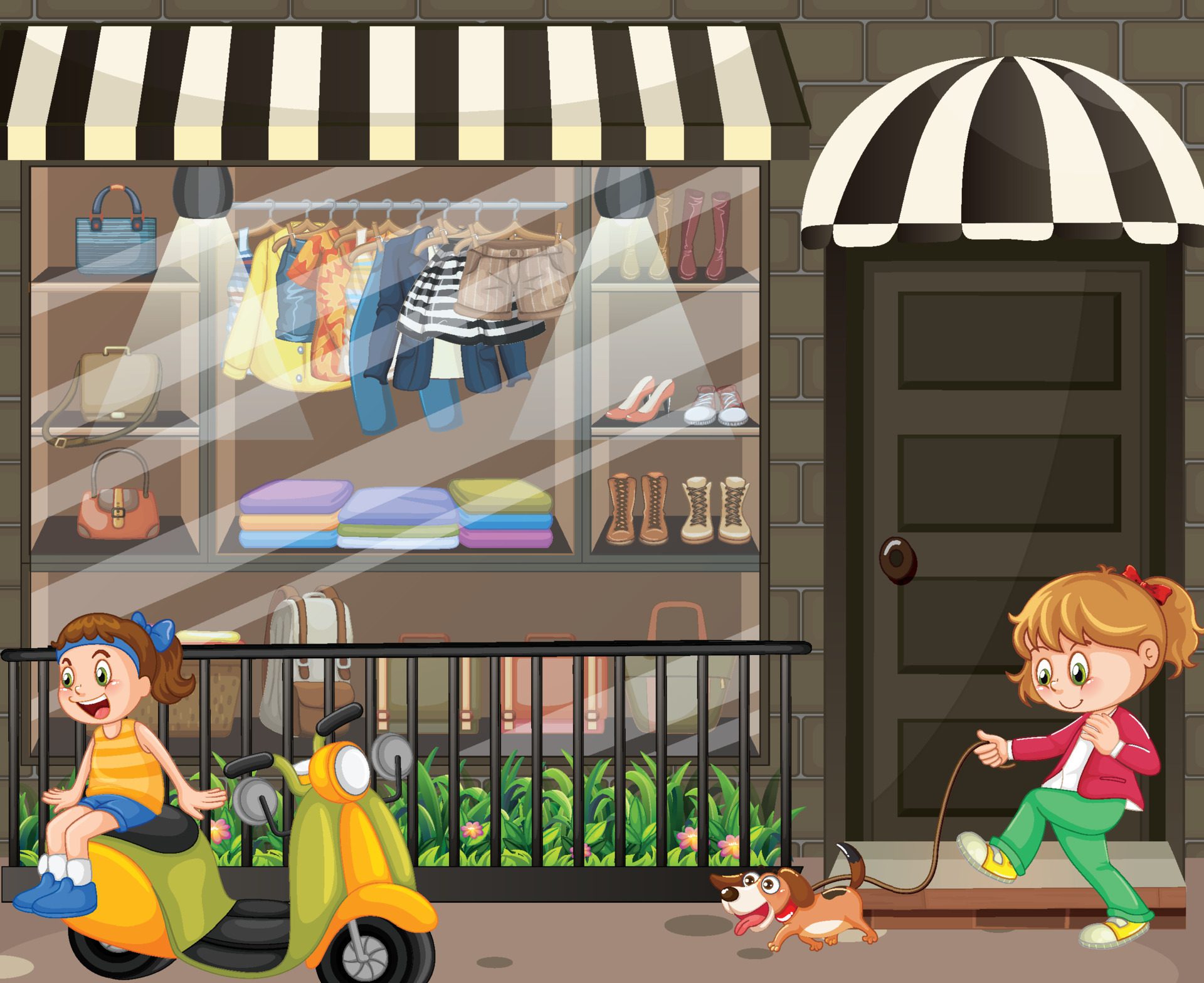 Street scene with people at the shop Free Vector