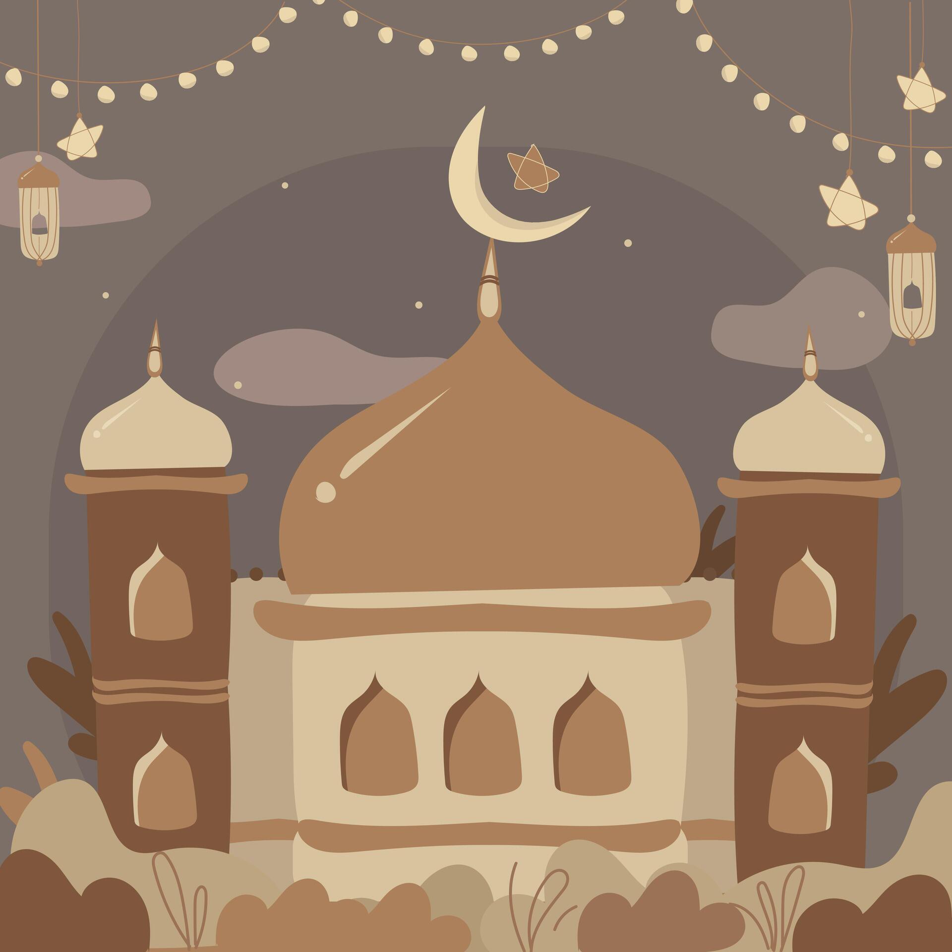 Mosque illustration with Islamic Festival decorations like Crescent moon and star, fairy lights, lanterns etc Stock Free