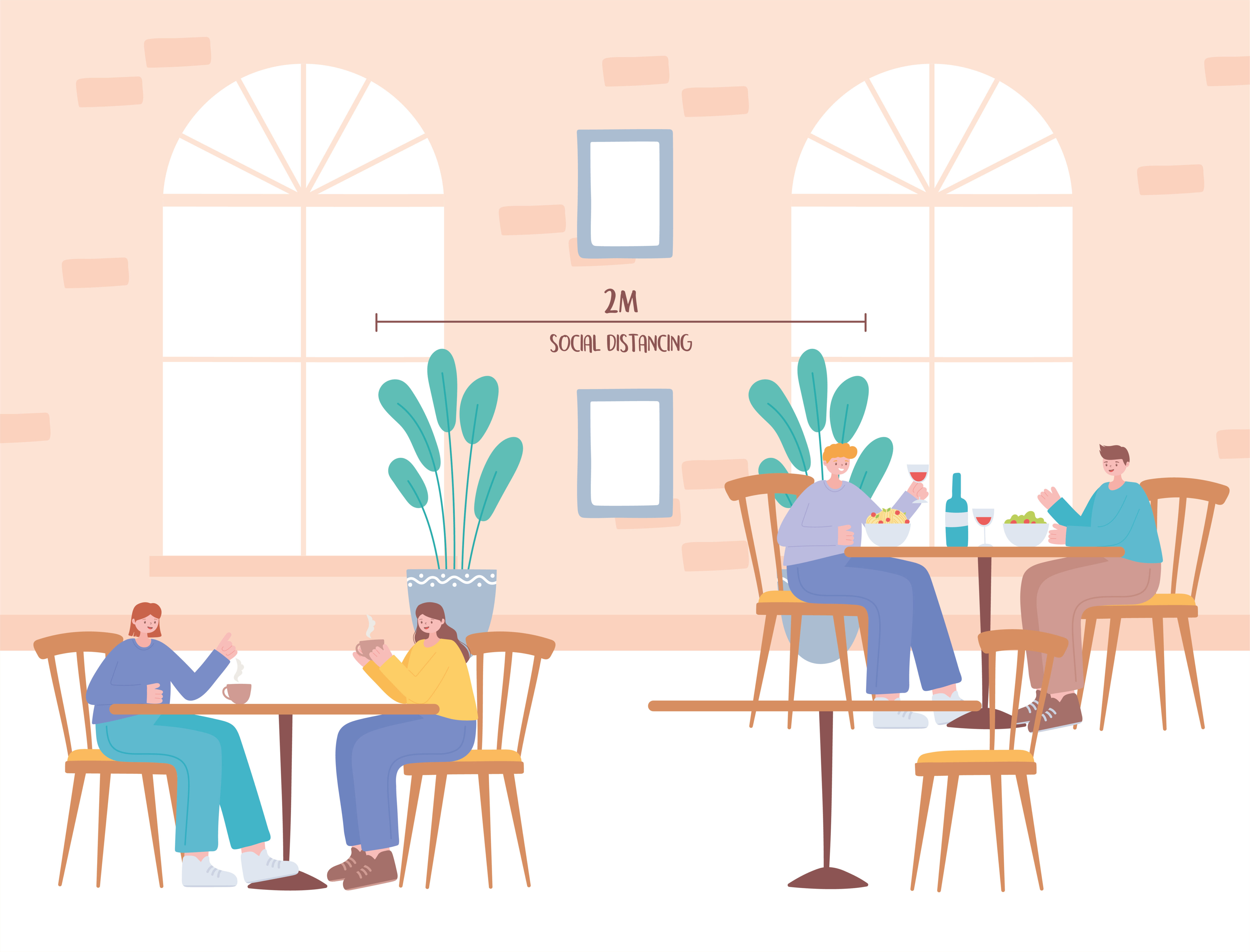 People eating, and social distancing in a restaurant Free Vector