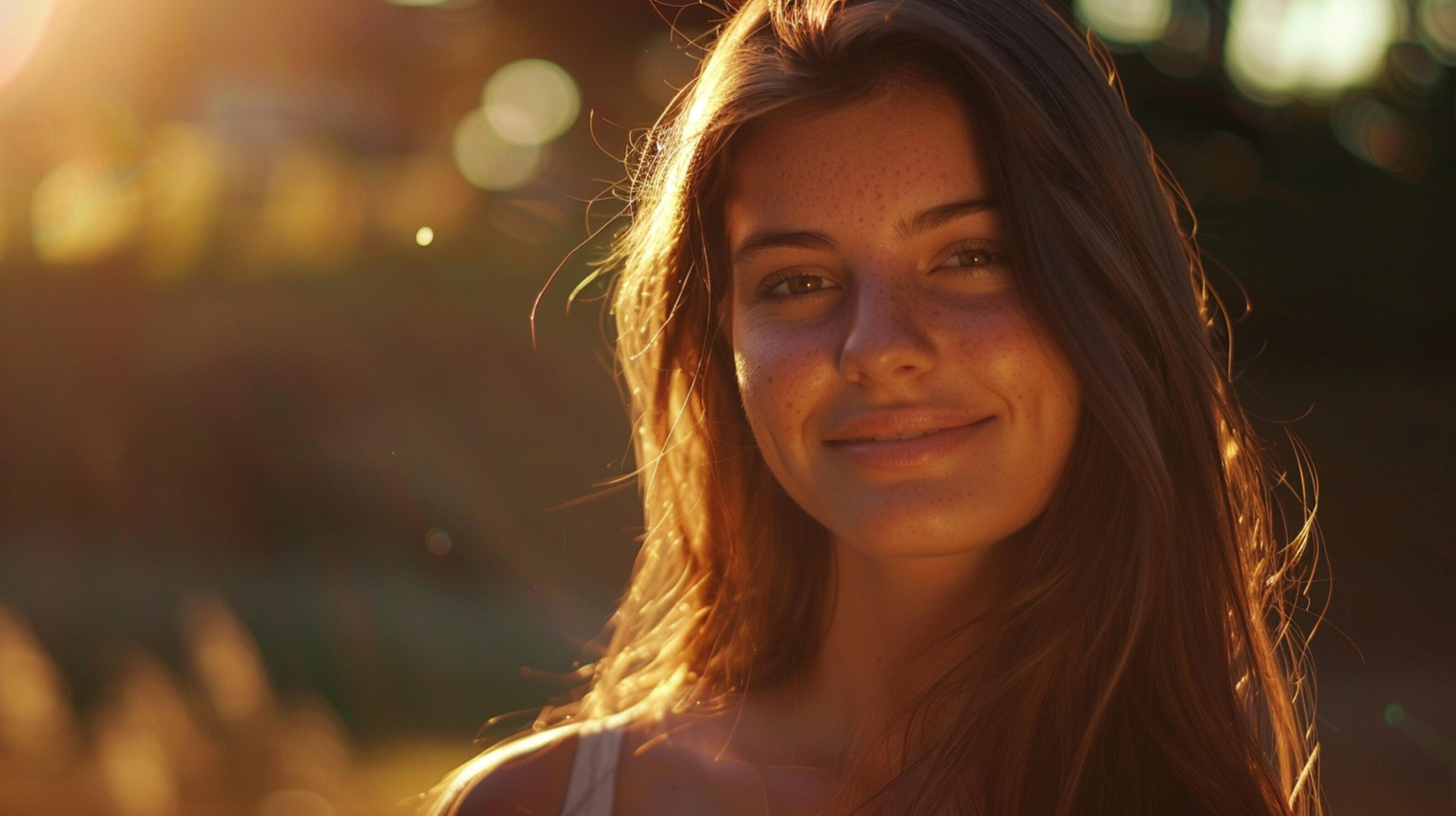 young woman with long brown hair smiling Stock Free