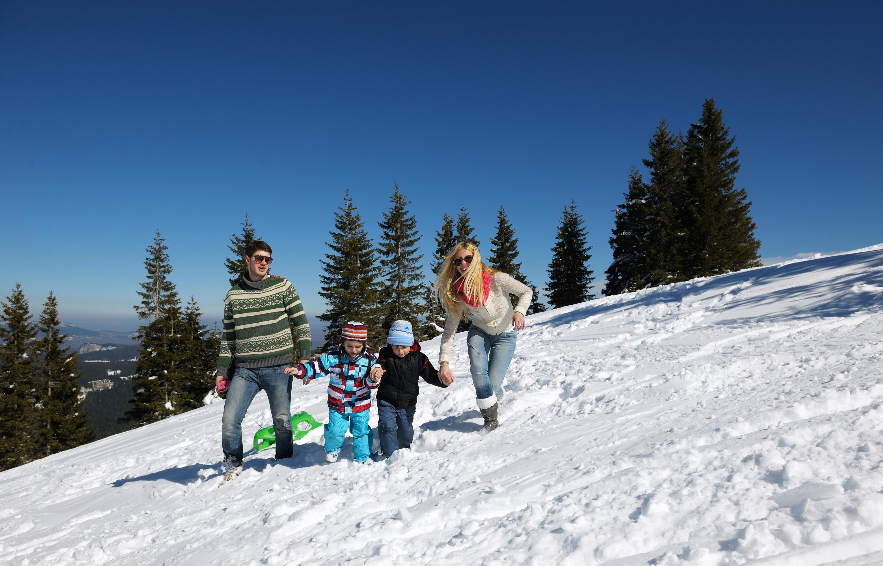 family having fun on fresh snow at winter Stock Free