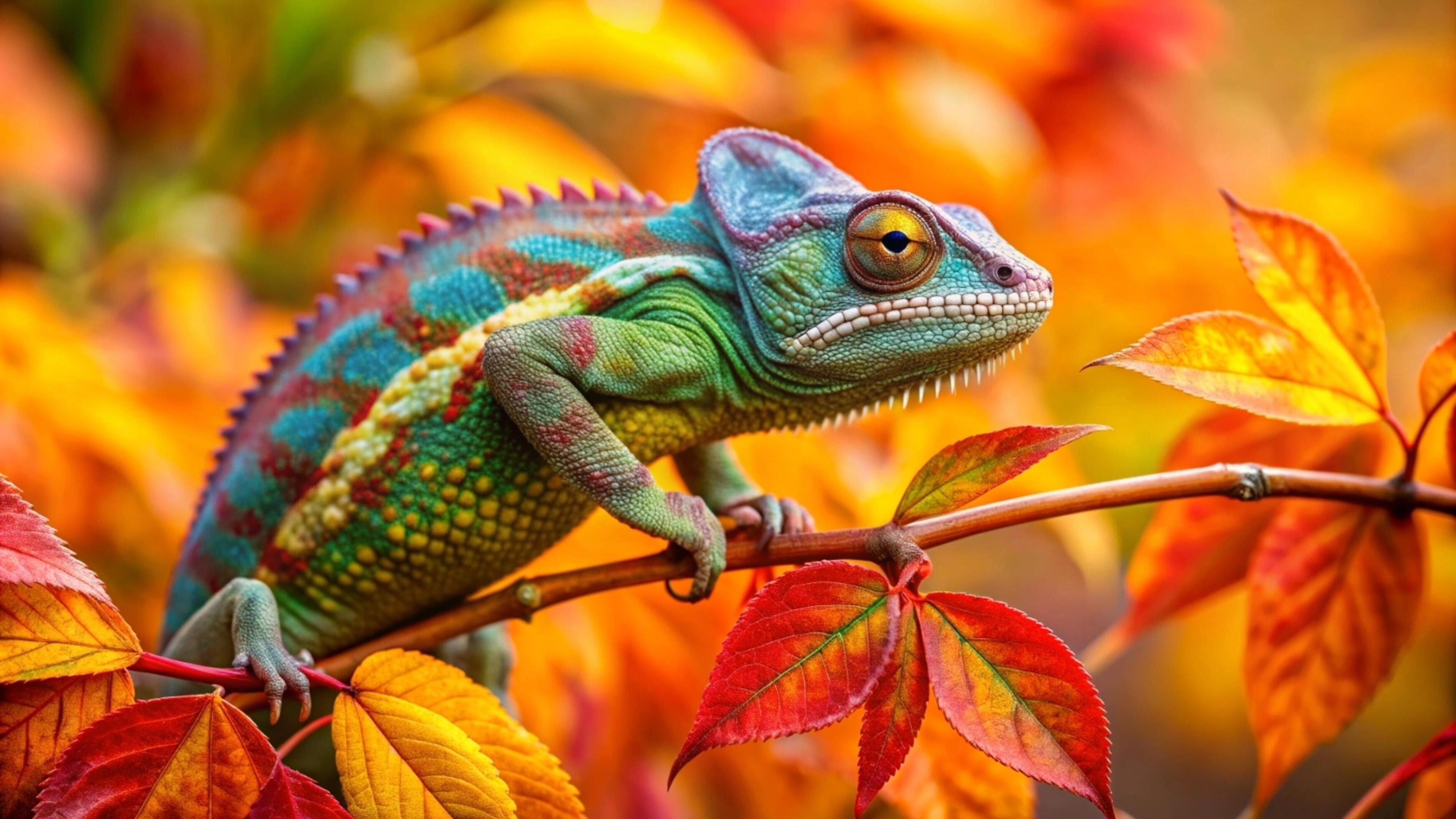 A vibrant chameleon camouflaging against a lush green forest background. Stock Free