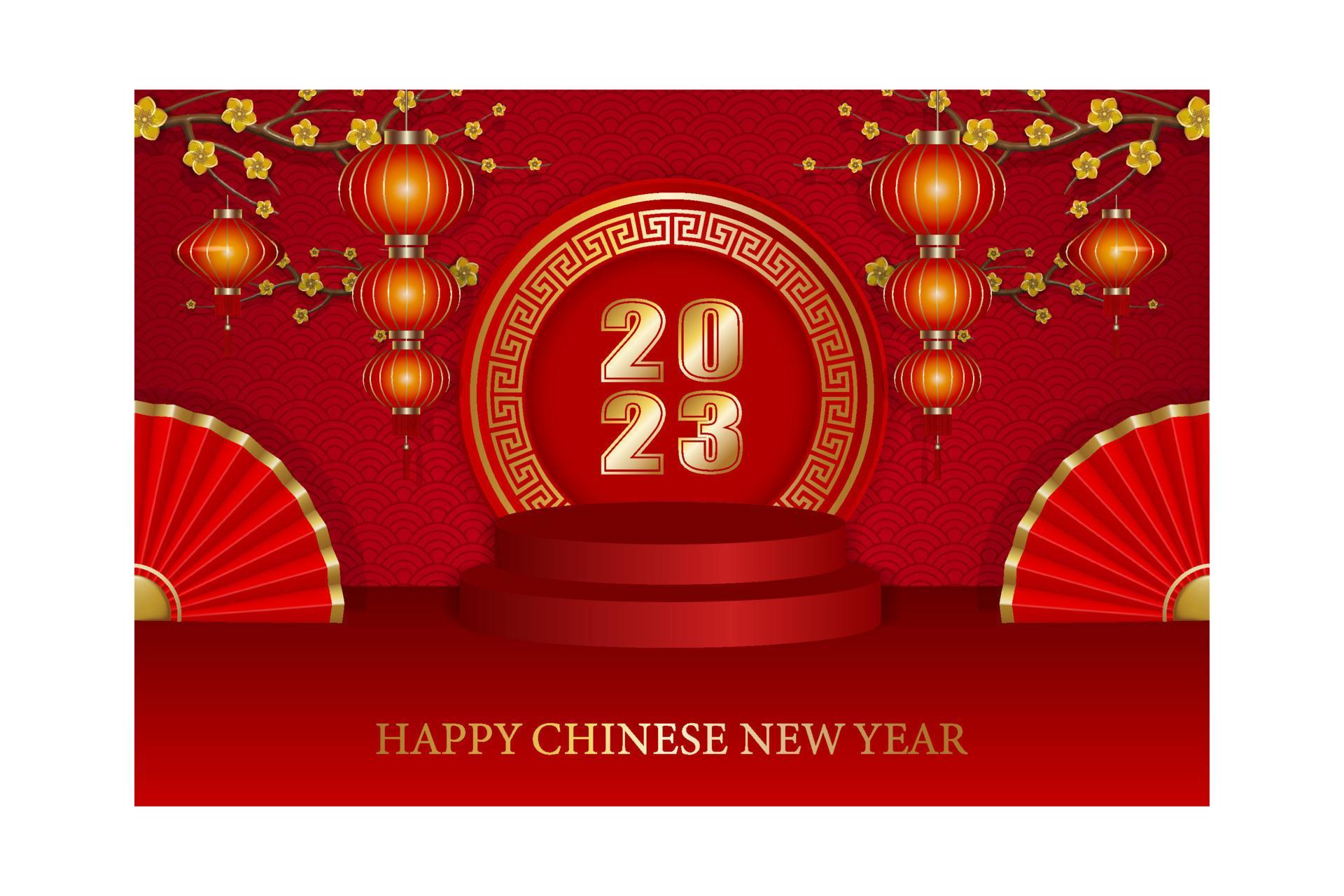 chinese new year background with folding fans, lanterns and flowers Stock Free