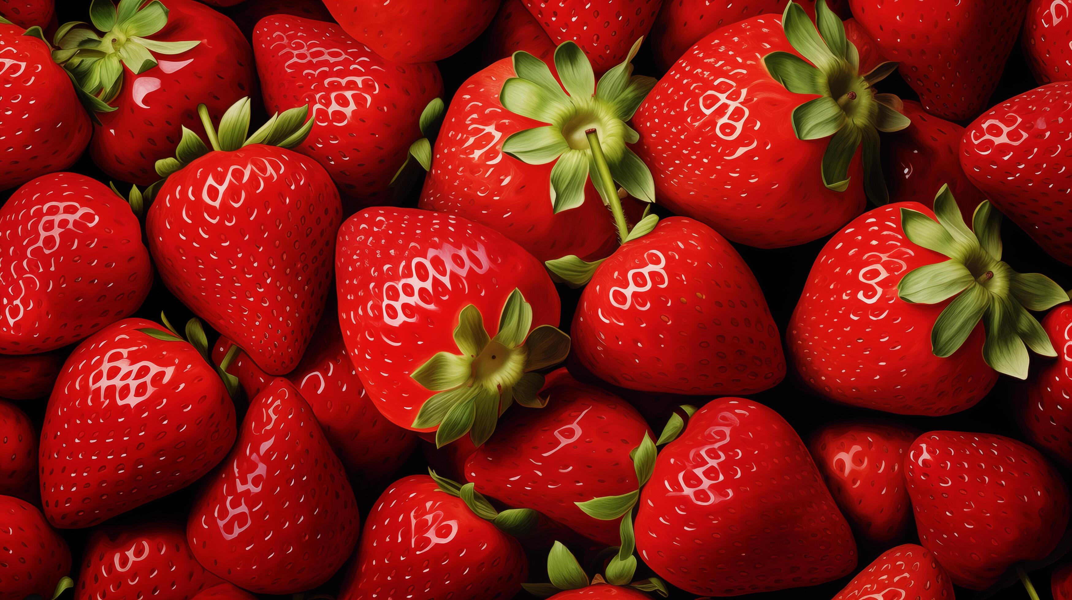 Strawberries background. Top view on fresh organic strawberries. Healthy fruits and vegan background. Stock Free