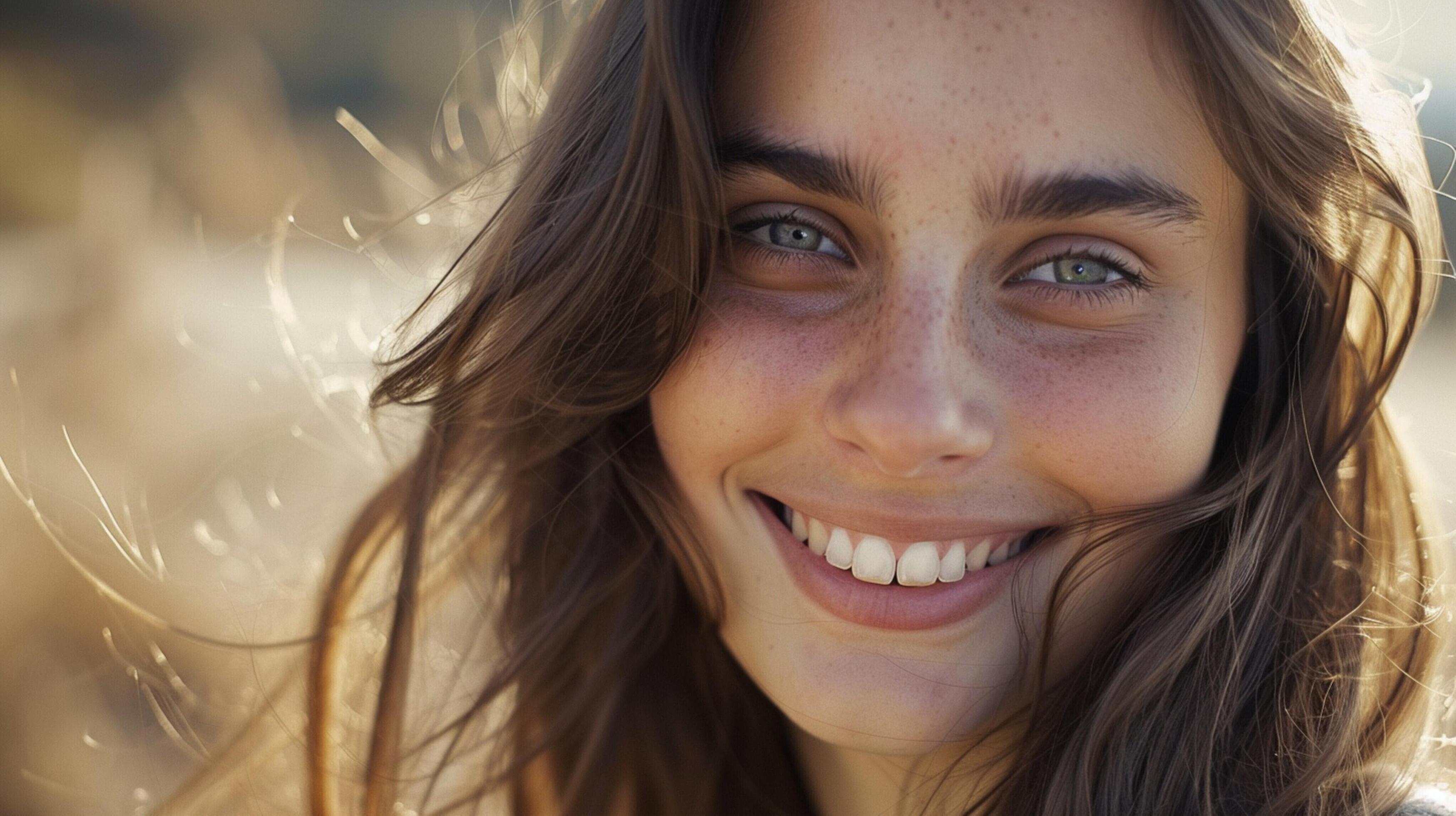 young woman with long brown hair smiling Stock Free