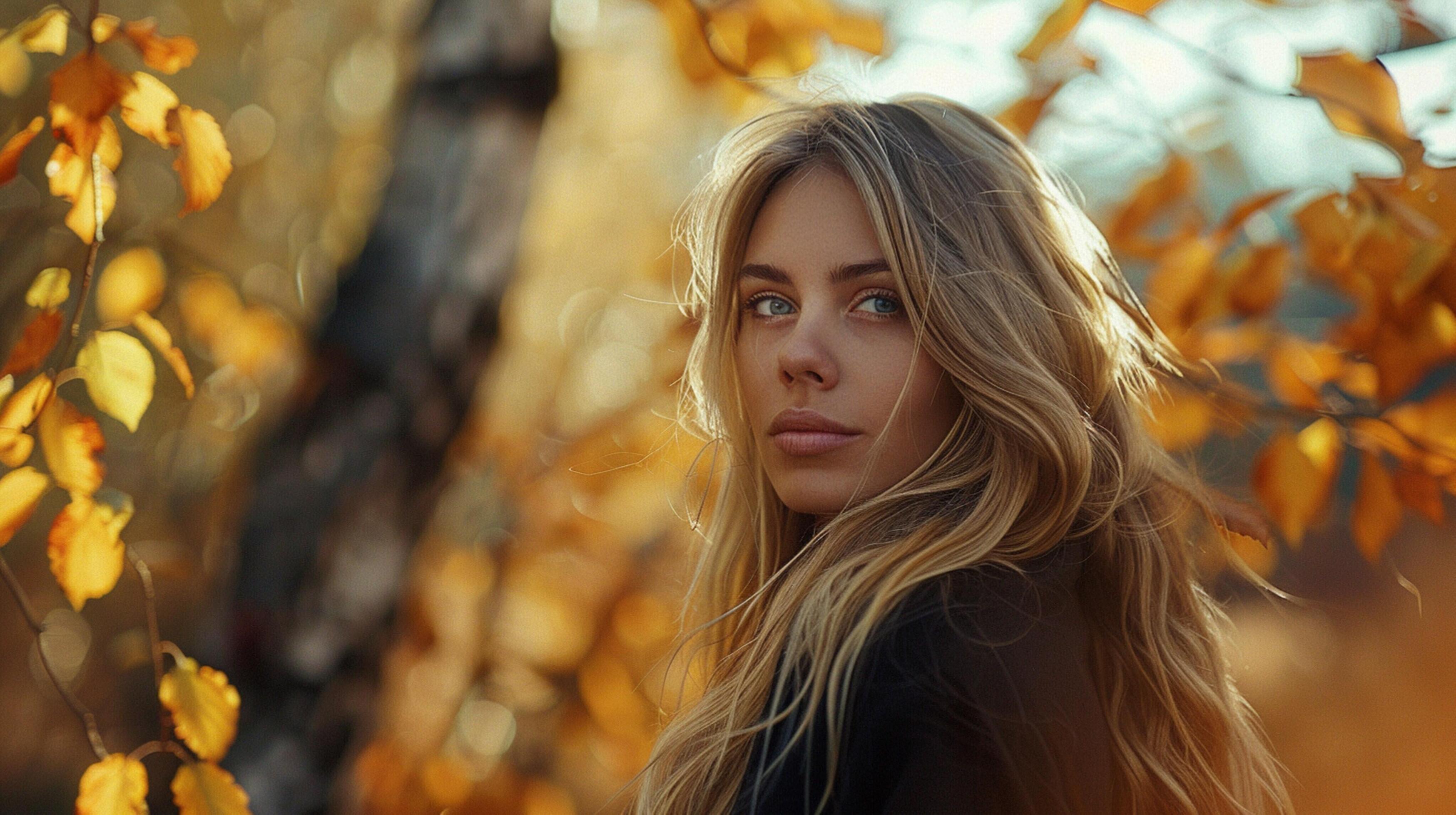 young woman with long blond hair enjoying autumn Stock Free