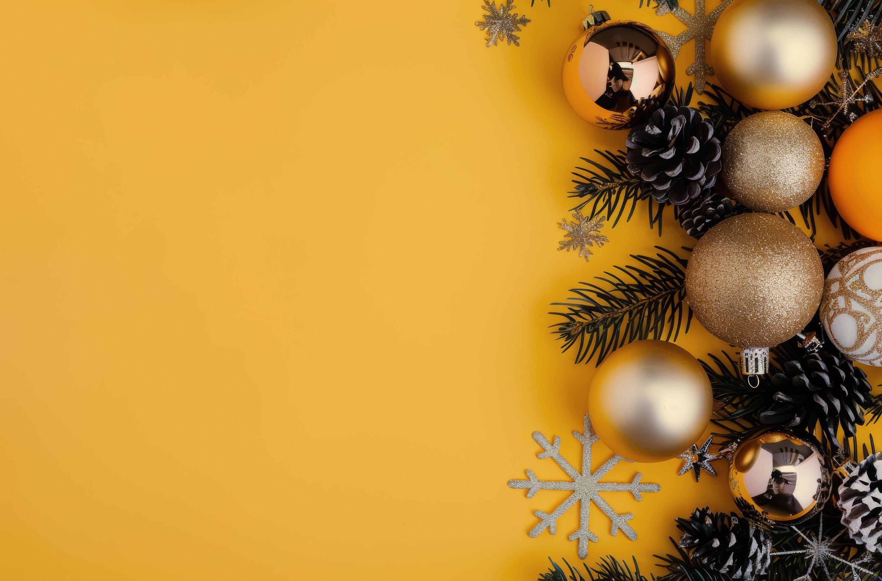 Pine Branches and Ornaments on Yellow Background Stock Free