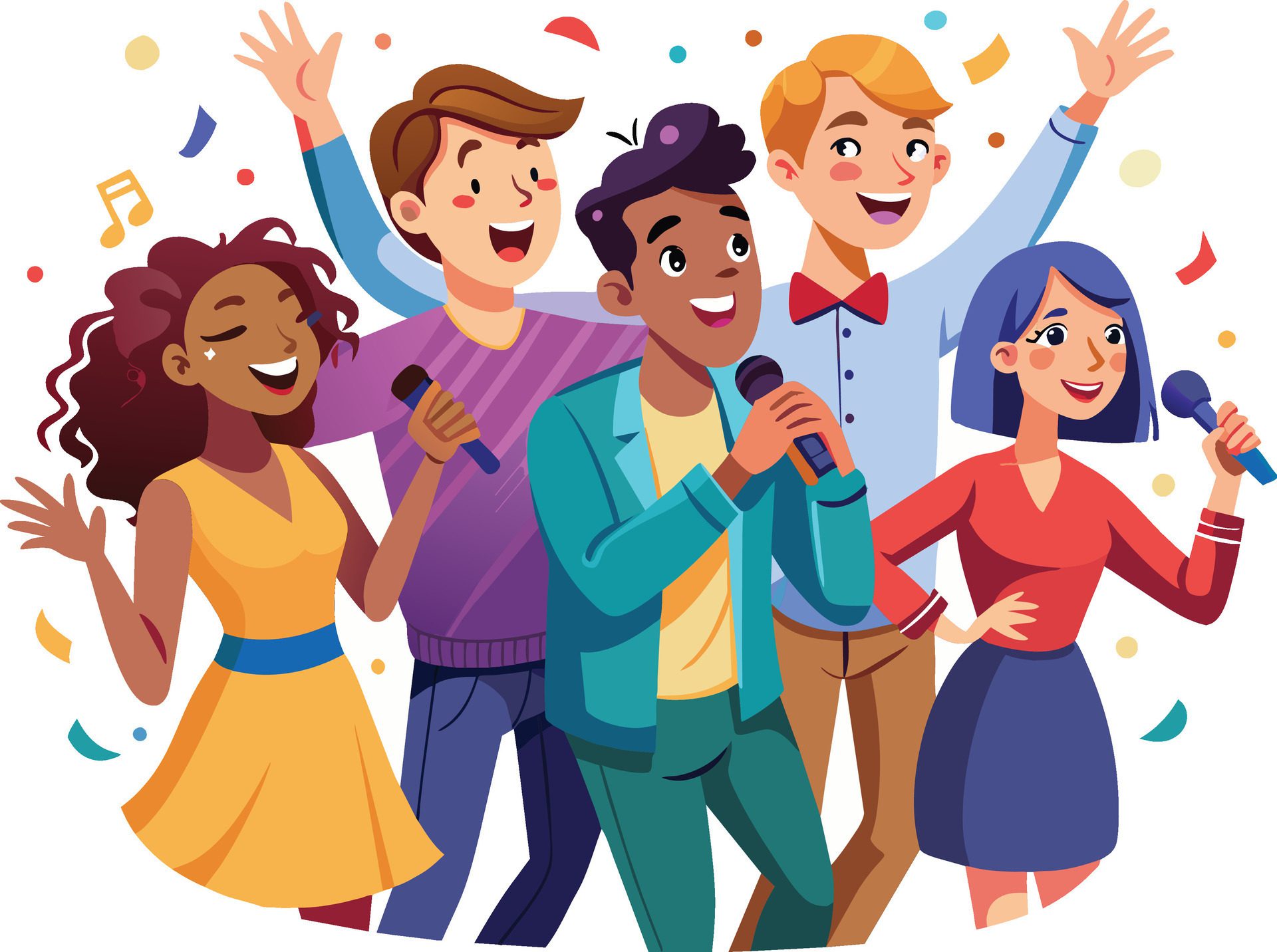 Group of happy young people singing karaoke together. Cartoon vector illustration. Free Vector