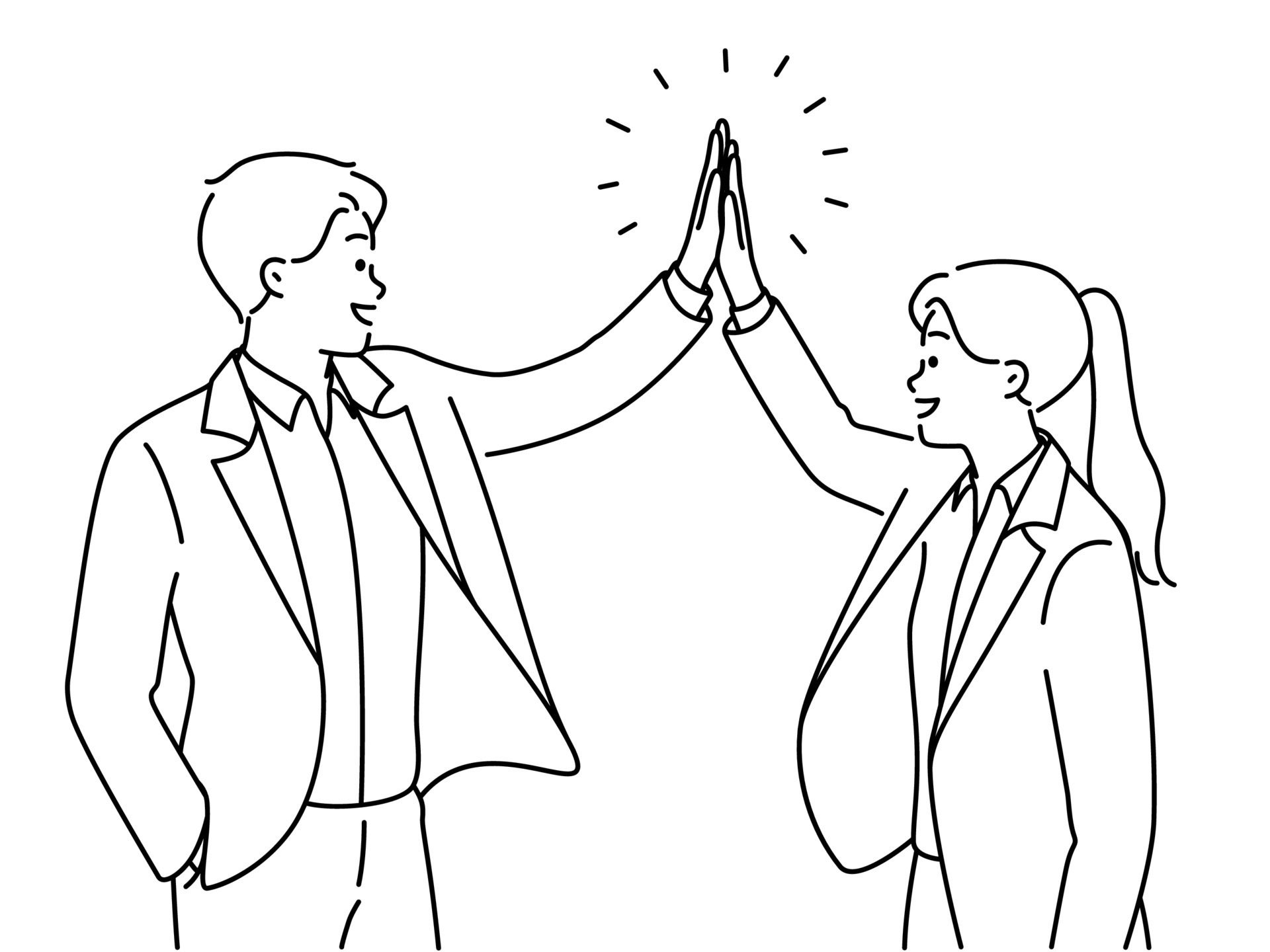 Happy businesspeople give high five celebrate shared business success. Smiling employees excited with good work results or promotion. Vector illustration. Free Vector