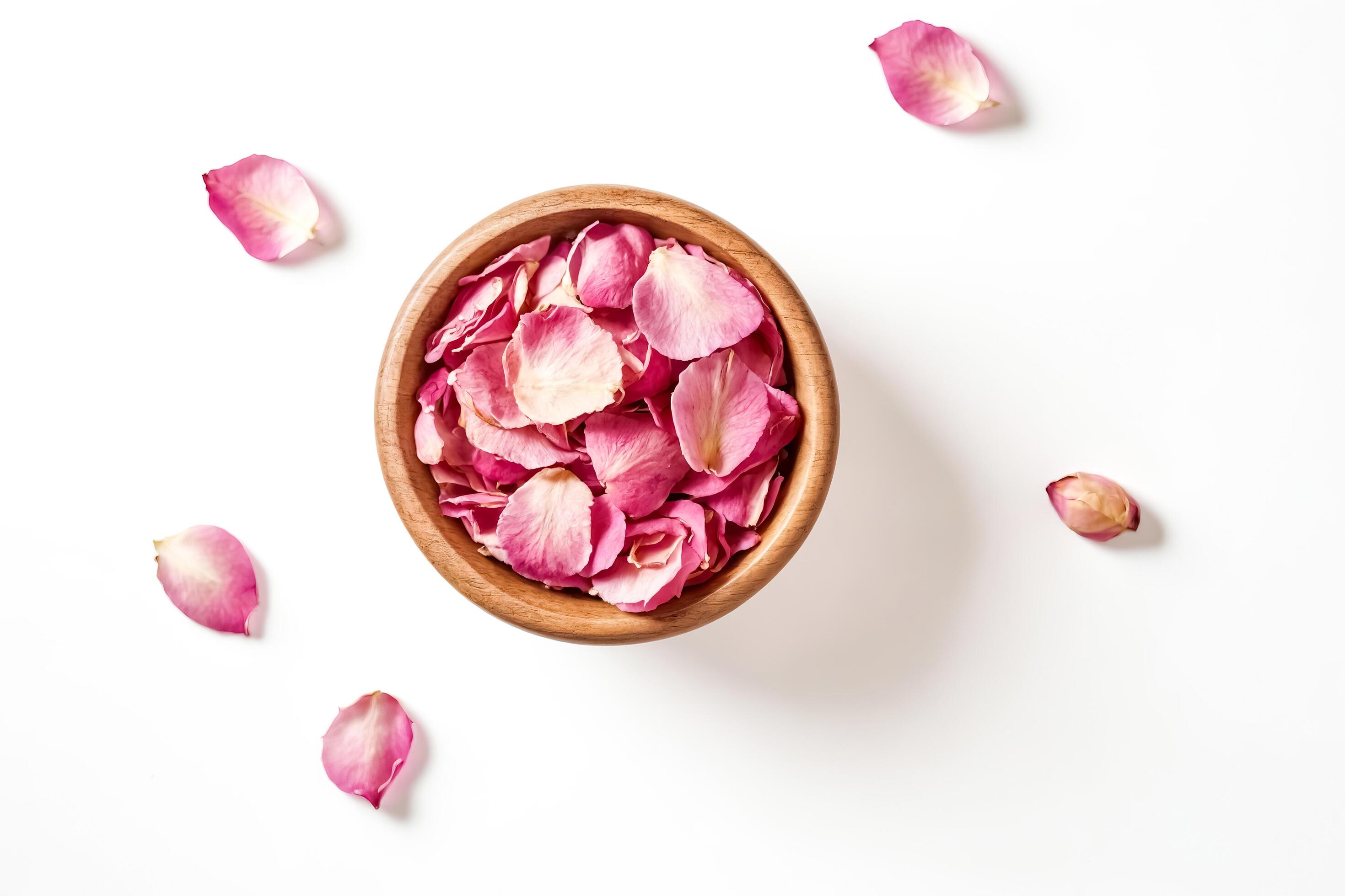 Rose Petals in Wooden Bowl on White Background Stock Free